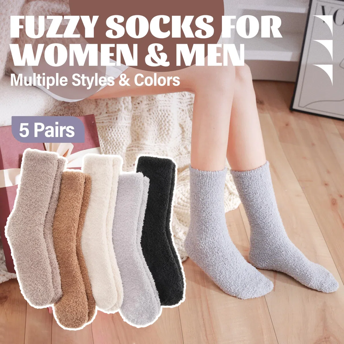 ANTSANG 5 Paia Calzini Fuzzy per Donna Uomo Pantofole Accoglienti Morbide Caldi Invernali Spessi Peluche Calzini Crew