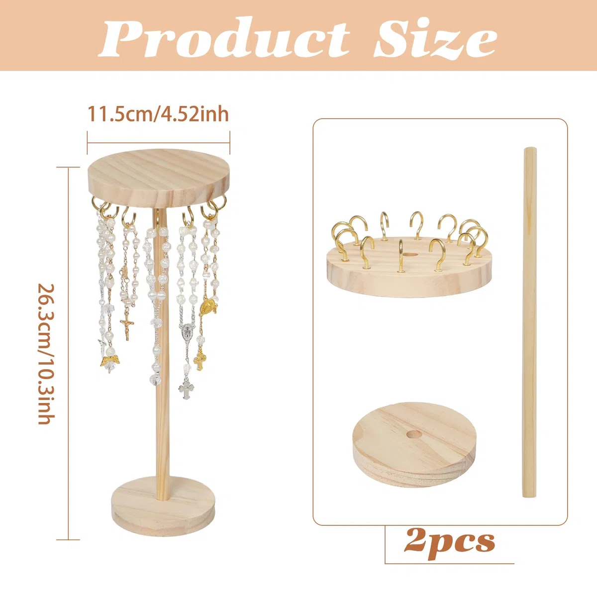 2 Porta Collane Legno Espositore Collane Lunghe con 24 Ganci Espositore Porta Gioielli Bracciali Orecchini da Appendere Portachiavi da Tavolo con Base Legno per la Camera da Letto Toeletta