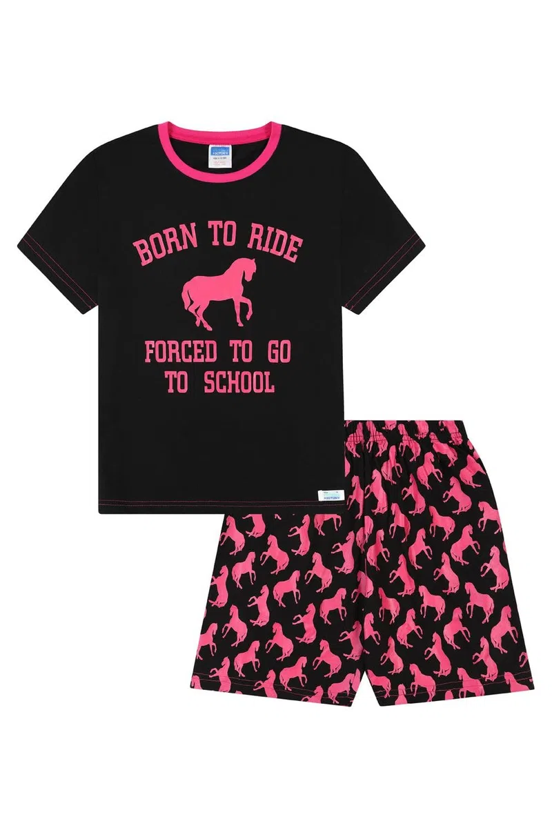 thepyjamafactory Born To Ride Forced To Go To School Ragazze Corta Cotone Pigiama Pjs per Bambini