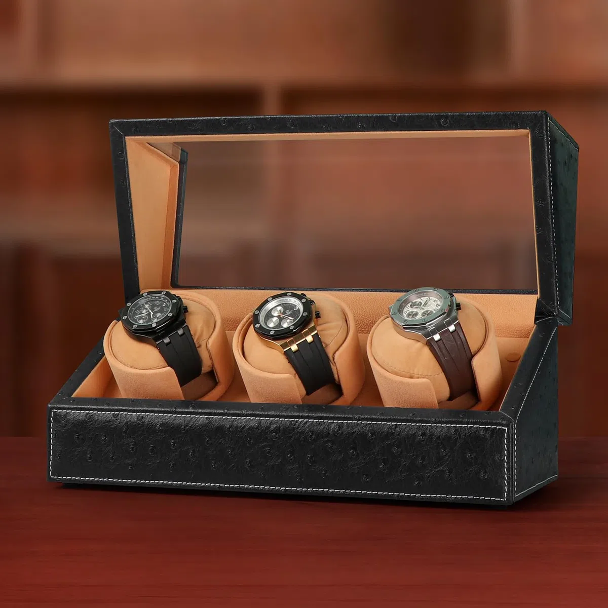 Caricatore automatico per orologi Rolex e altri orologi di lusso, carica automatica con motore silenzioso, esterno in pelle di struzzo nera di alta qualità e morbidi cuscini flessibili in