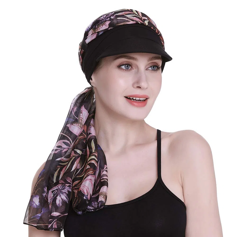Newsboy - Berretto da donna per chemioterapia, con sciarpa, per perdita di capelli, disponibile tutto l'anno
