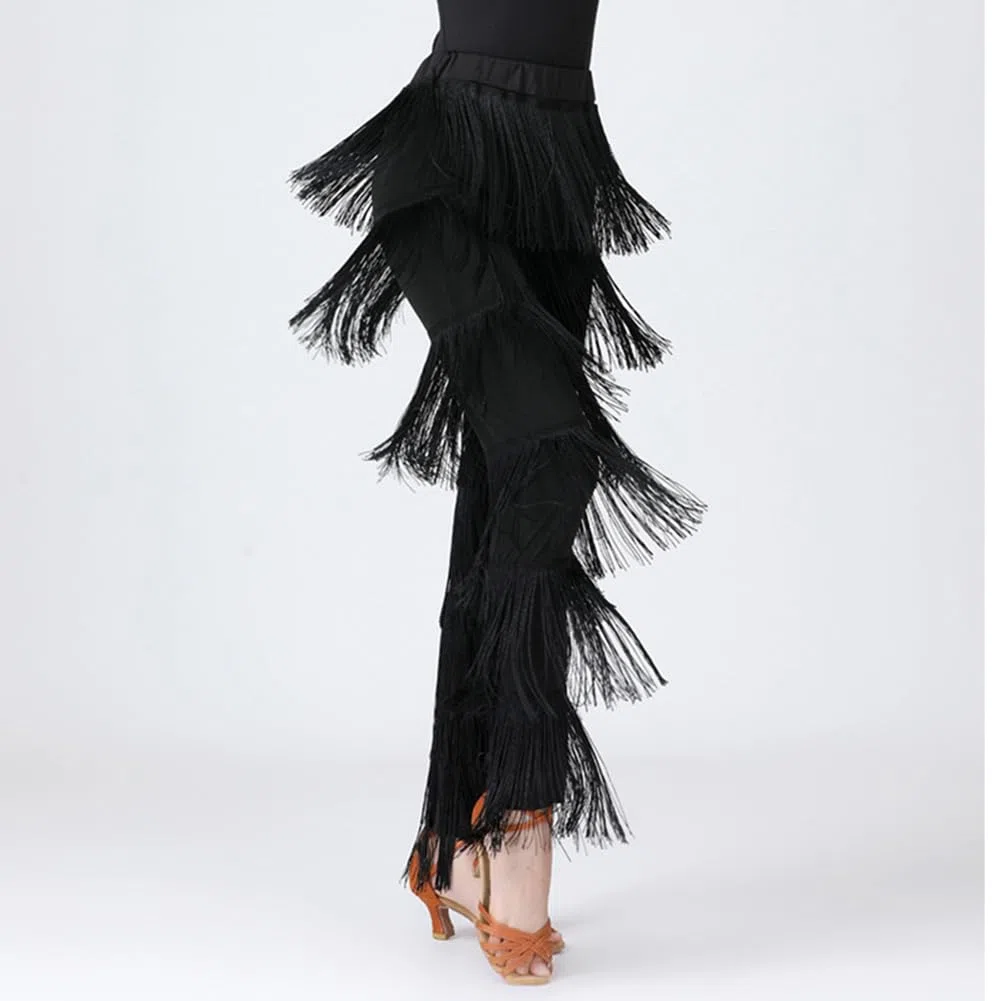 DAIHAN Donne Pantaloni da Sala da Ballo Professionali Latino Nappa Multistrato Pantaloni da Danza del Ventre con Frange per Allenamento Costume da Pratica
