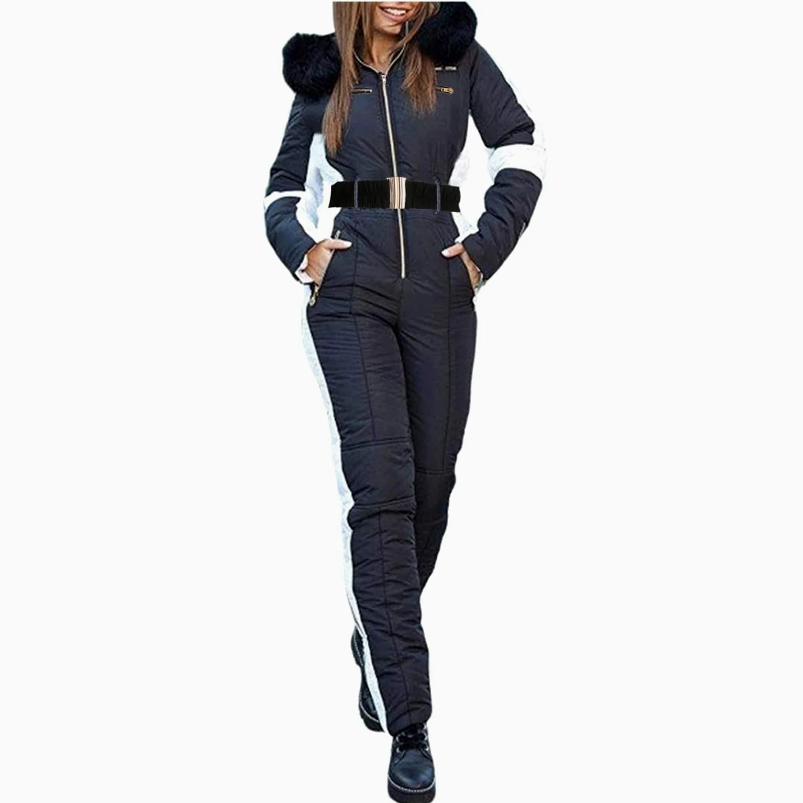 Tuta da neve da donna, intera, calda, per sci e snowboard, con cappuccio in pelliccia e guanti, impermeabile, abbigliamento per la neve, moda femminile