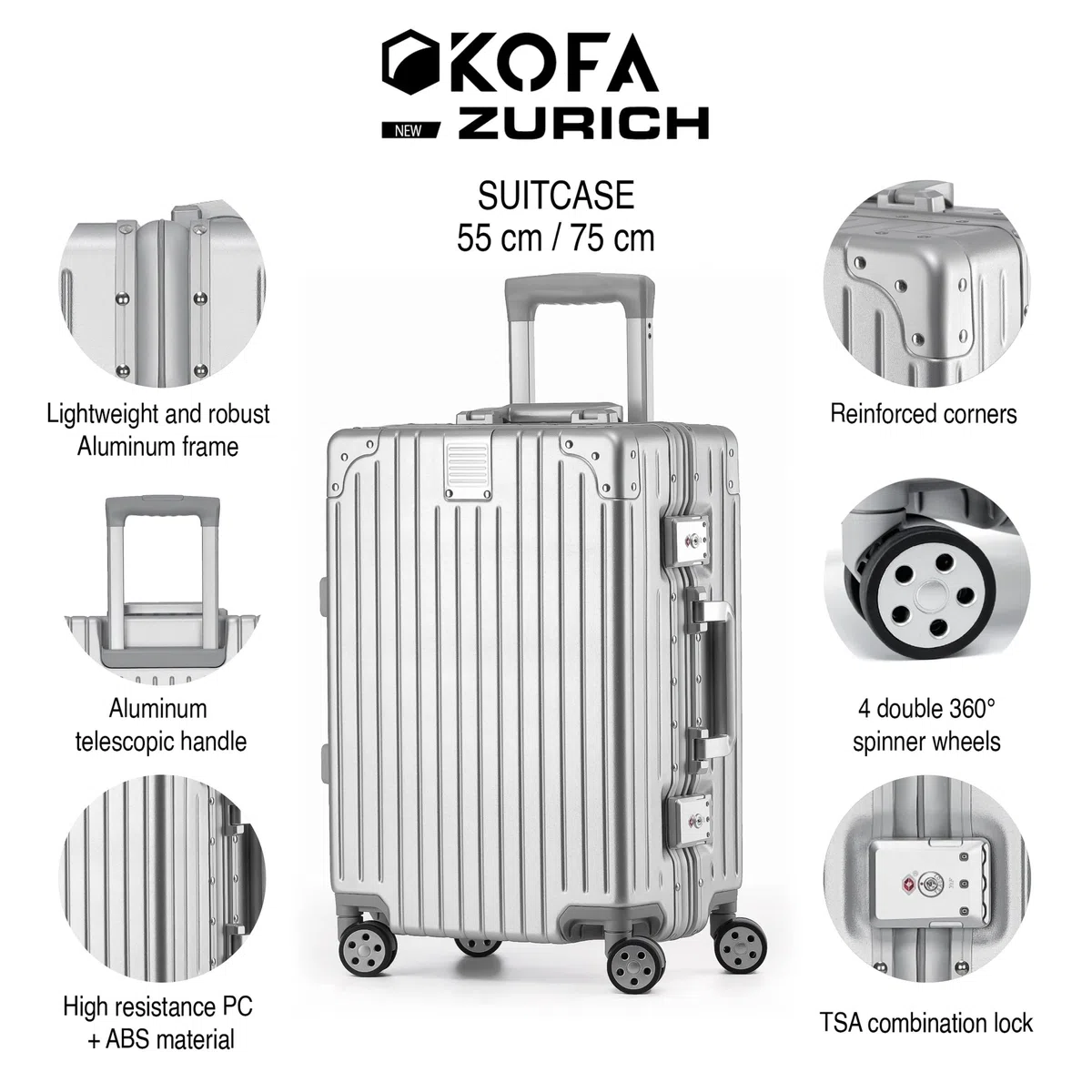KOFA Zurich - Set di 2 valigie in alluminio, M-55 cm e XL-75 cm, telaio rigido trolley, carry-on + valigetta per check-in, con 4 ruote e doppia serratura TSA 35L + 94L, argento, 55x37x23 cm /