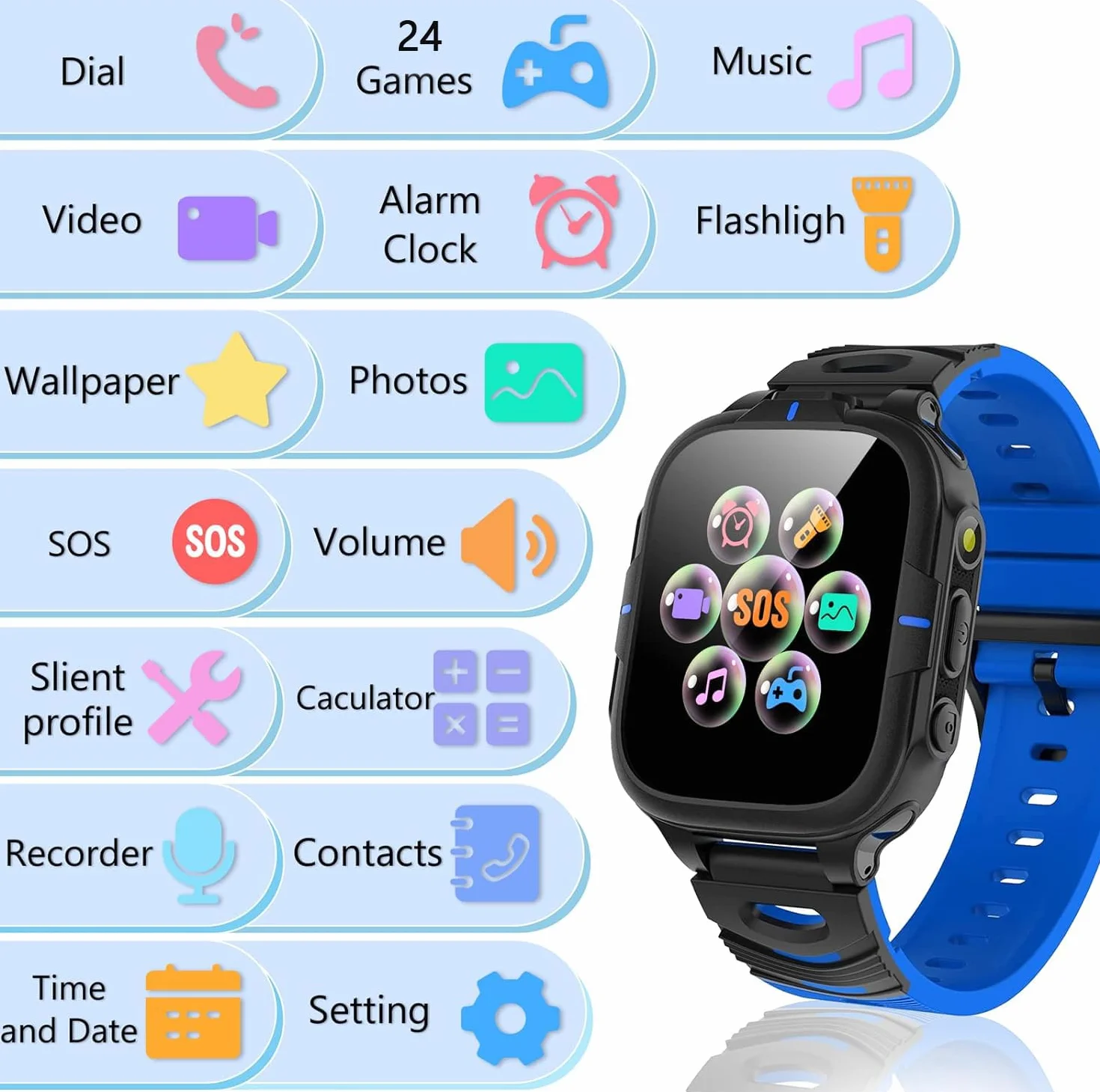 Orologio Smartwatch Bambini con 24 Giochi, Smartwatch Bambini Telefono per Ragazzo e Ragazza Musica Fotocamera SOS Cellulare Torcia Sveglia, Orologio per Bambino Regalo di Compleanno