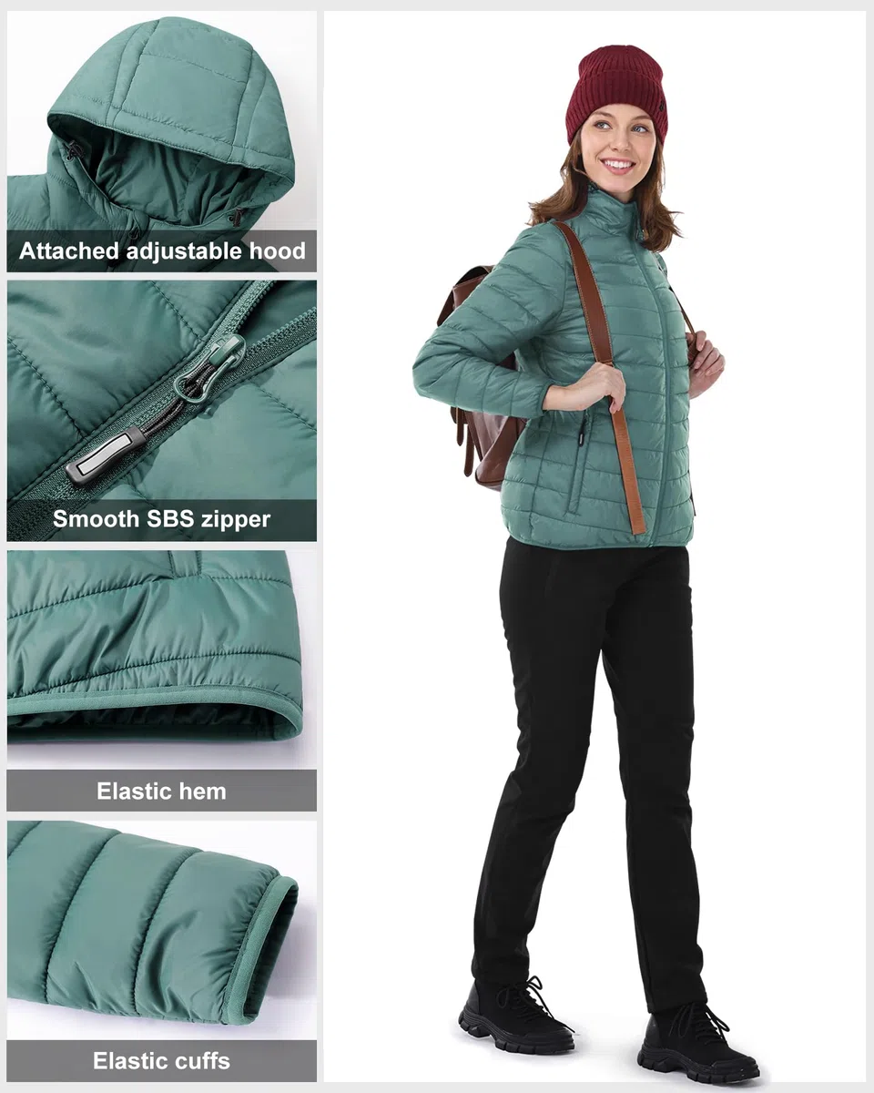Outdoor Ventures Giacca trapuntata da donna, leggera, avvolgente, calda, con cappuccio, foderata, con tasche, per il tempo libero, le escursioni, i viaggi