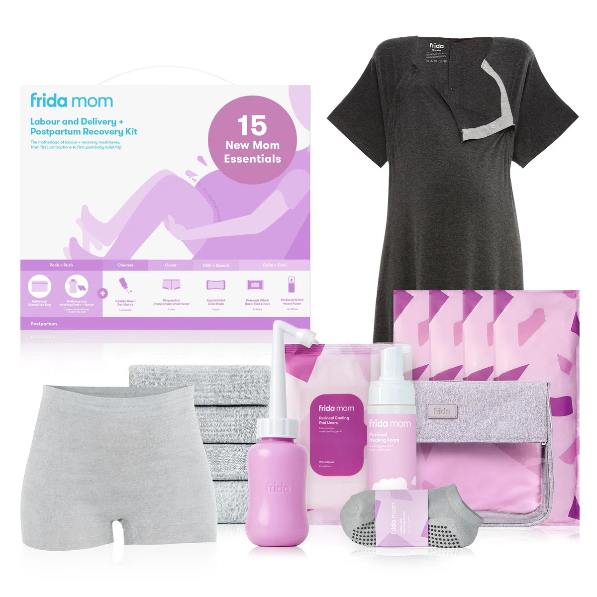 Frida Mom- Kit per il travaglio e recupero post-parto,include: Camicia da notte,Biancheria intima post-parto,Peri Bottle,Maxi assorbenti,Salviette refrigeranti,Schiuma all'amamelide,Calze antiscivolo