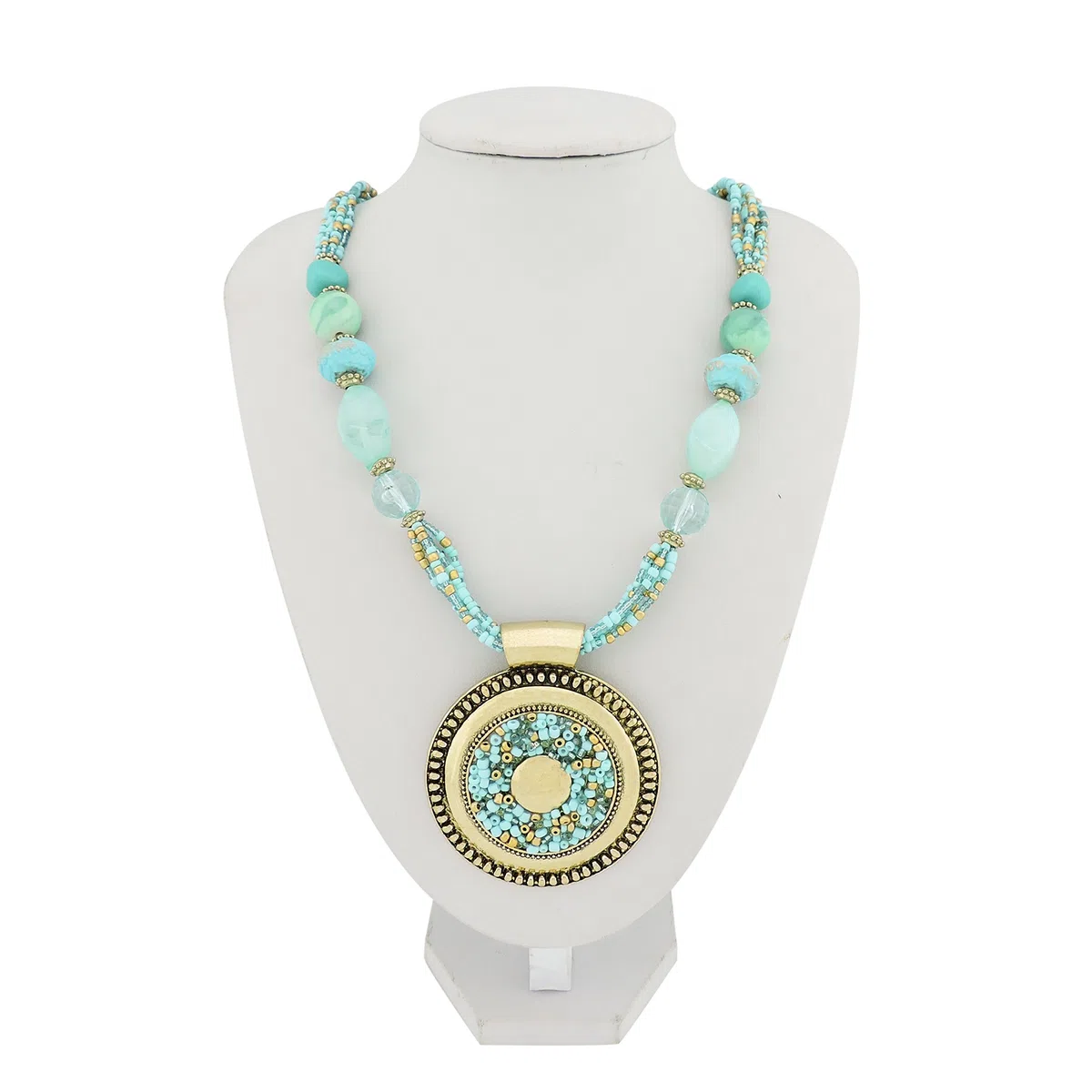 BOCAR - collana esclusiva con perline color acquamarina, vistosa, con ciondolo, stile antico, dorata (NK-10343)