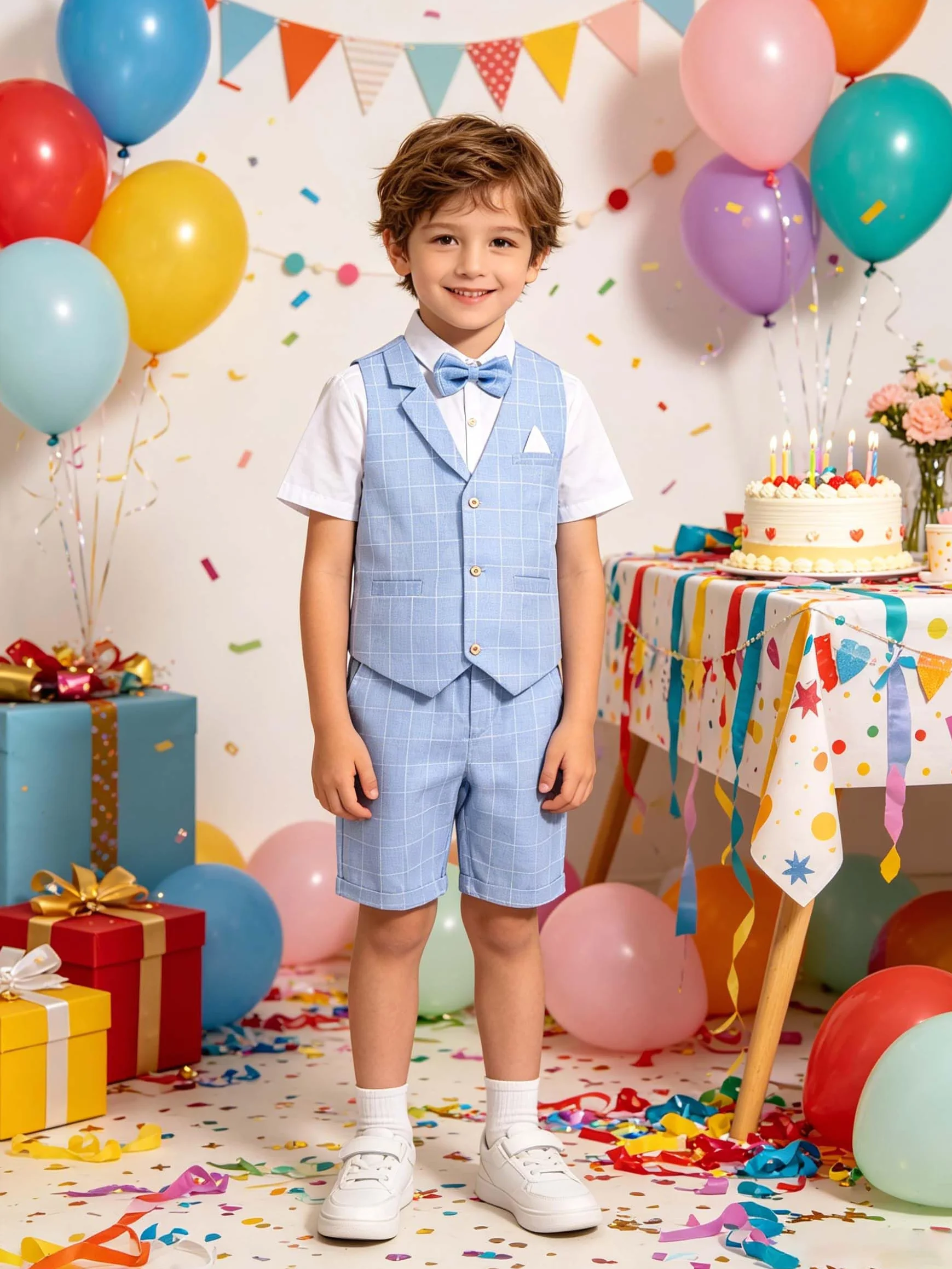 LOLANTA 4PZ Completo Cerimonia Bambino, Abito Bimbo Estivo con Gilet Pantalone Camicia e Papillon per 2-12 Anni