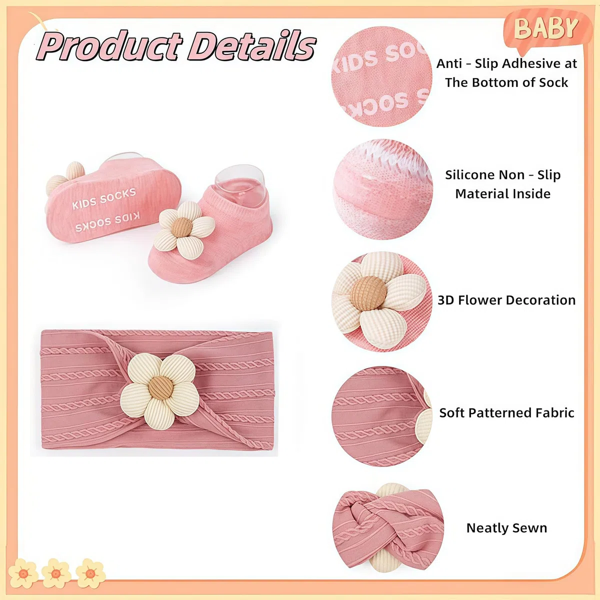 Baby Blumen Haarband und Socken: Fascia per capelli con fiori e calzini per neonati, bambine, set di calze antiscivolo per neonati, perfect per bambine