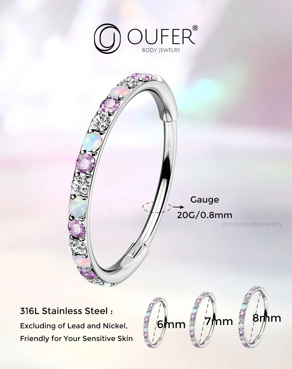 OUFER 20G Segmento a Cerniera Piercing Naso Acciaio Chirurgico 316L Nose Hoop Viola/Nero CZ Opale Orecchini Helix Conch Earring Per Le Donna 6/7/8 mm