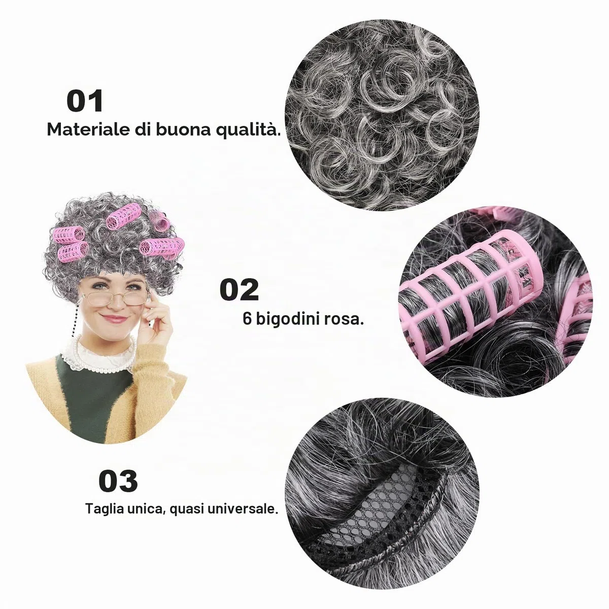 XEPST Granny Vecchia Signora Accessorio Parrucca Cosplay con Parrucca Grigia Bigodino, Occhiali Nonna, Occhiali Catena, Gioielli di Perle, Costume Set Cosplay per Carnevale
