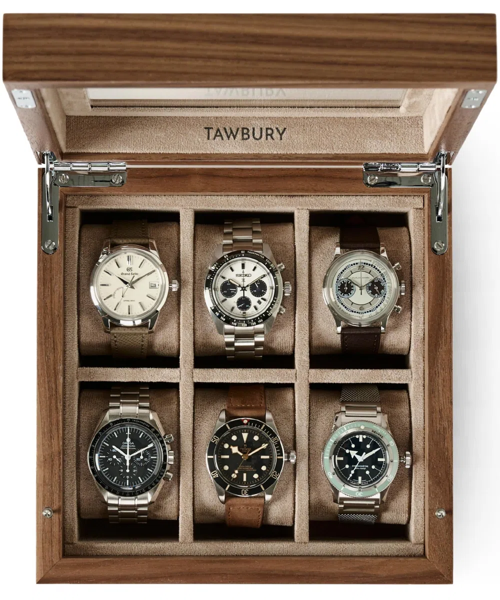 TAWBURY Custodia per orologi in legno, con 6 scomparti, per uomini e donne, con display in vetro, interno protettivo completamente foderato e cuscini larghi 5 cm per orologi piccoli e grandi (noce