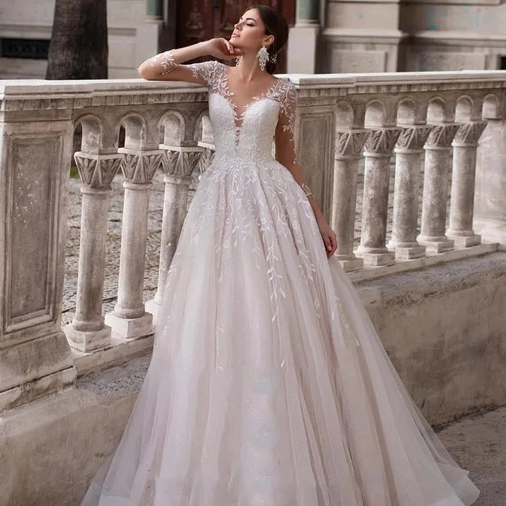 Vestito da Sposa Abito da Sposa Lungo Donna Matrimonio in Linea Manica Lunga con Scollo A V Elegante Schiena Nuda Abito da Sposa in Pizzo A Strascico Applique Bianco