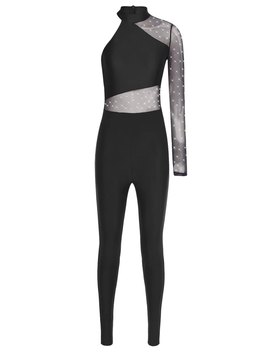 Alvivi Tuta Intera per Pattinaggio Artistico Donna Monospalla con Strass Bodysuit Leotard Ginnastica in Rete Trasparente Jumpsuit Danza Latina Allenamente