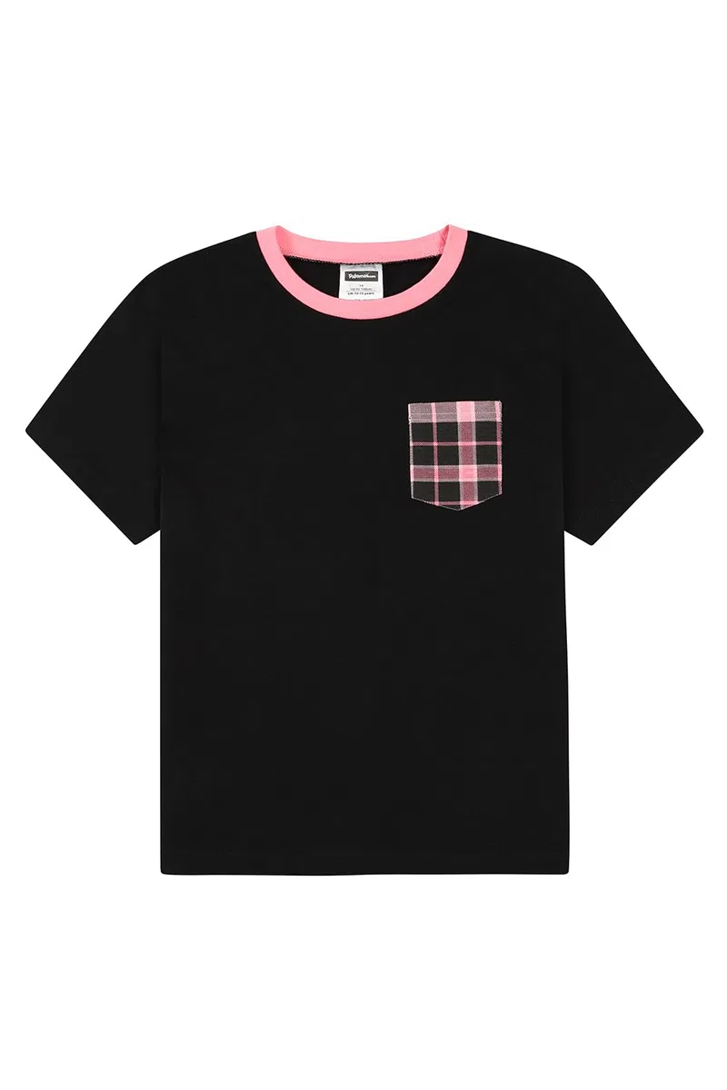 thepyjamafactory Pigiama da Bambina in Cotone Corto con Gamba Scozzese Nera e Rosa per Bambini
