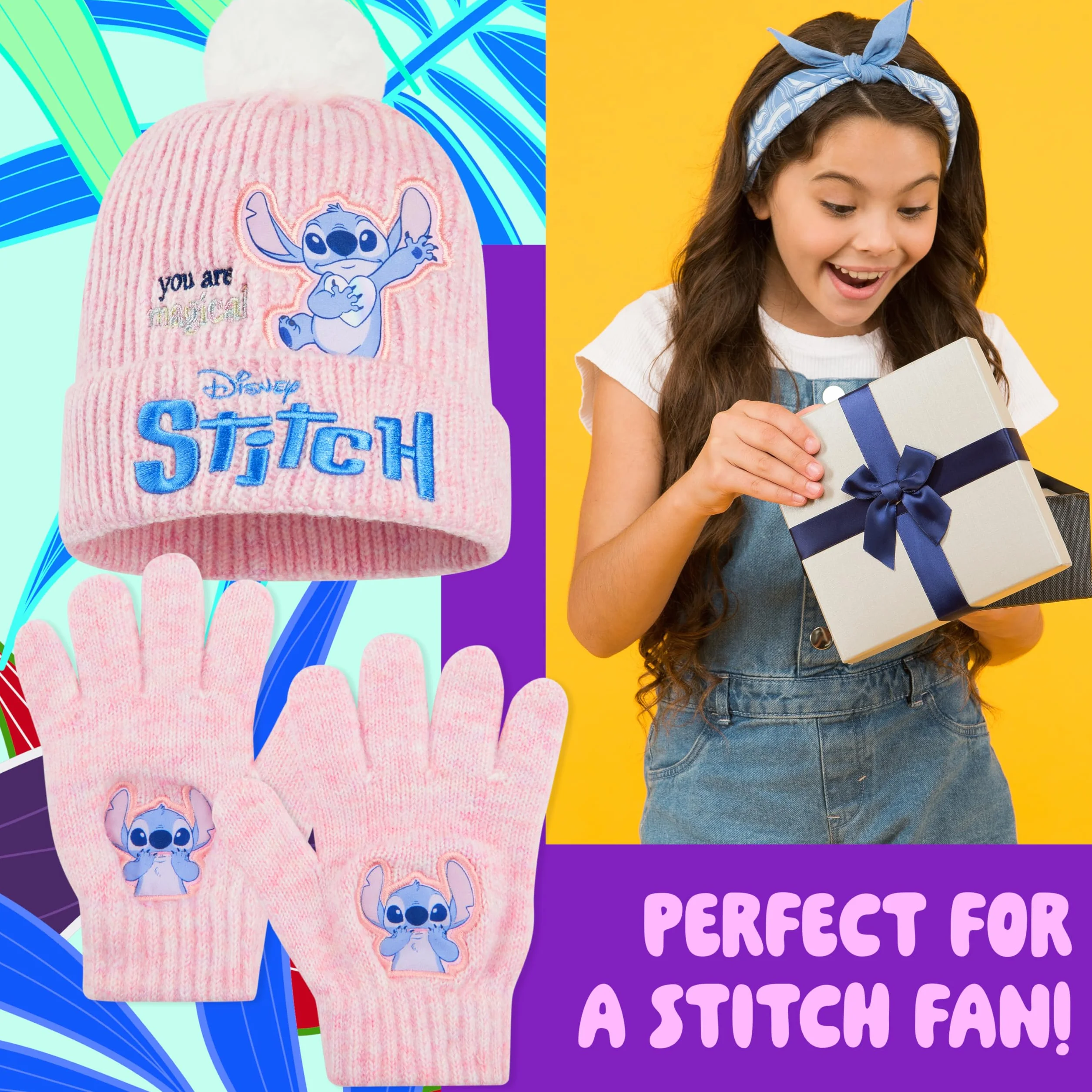 Disney Stitch Accessori Invernali Bambina Adolescenti, 2 Pz Set Guanti e Cappello per Scuola Viaggiare - Regalo Bambino