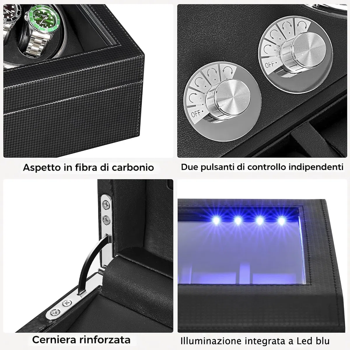 ANWBROAD JWW002F - Caricatore per orologi automatici, 4 modalità di rotazione, USB, 4 rotatori per orologi e 6 scomparti extra, con motore super silenzioso e retroilluminazione a LED, in fibra di