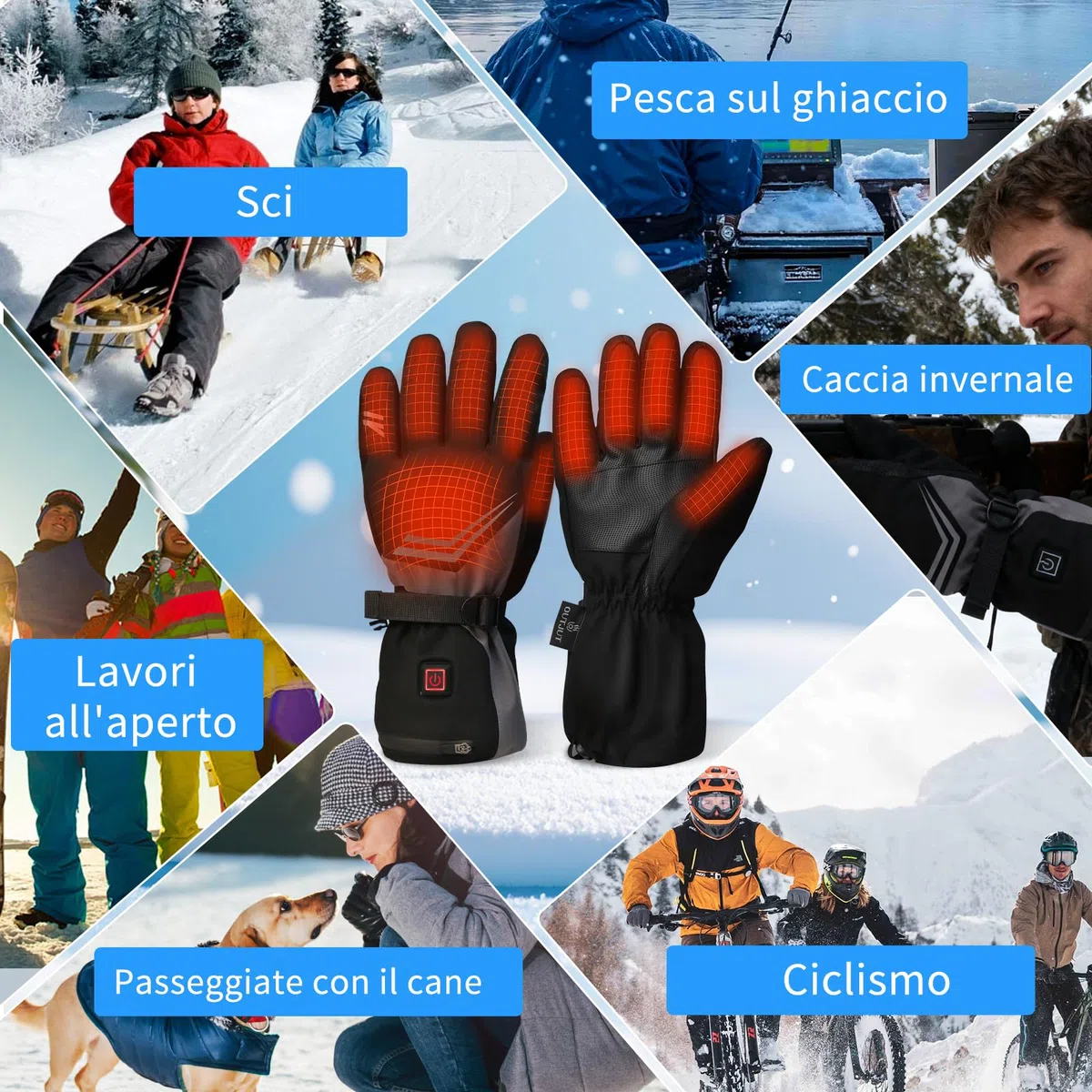 Guanti Riscaldati Ricaricabili 7500mAh, OUTJUT USB Guanti Moto Riscaldati Uomo Donna Scaldamani con Riscaldamento delle Dita 3 Impostazioni di Temperatura per la Caccia Pesca Sci, Regalo di Natale