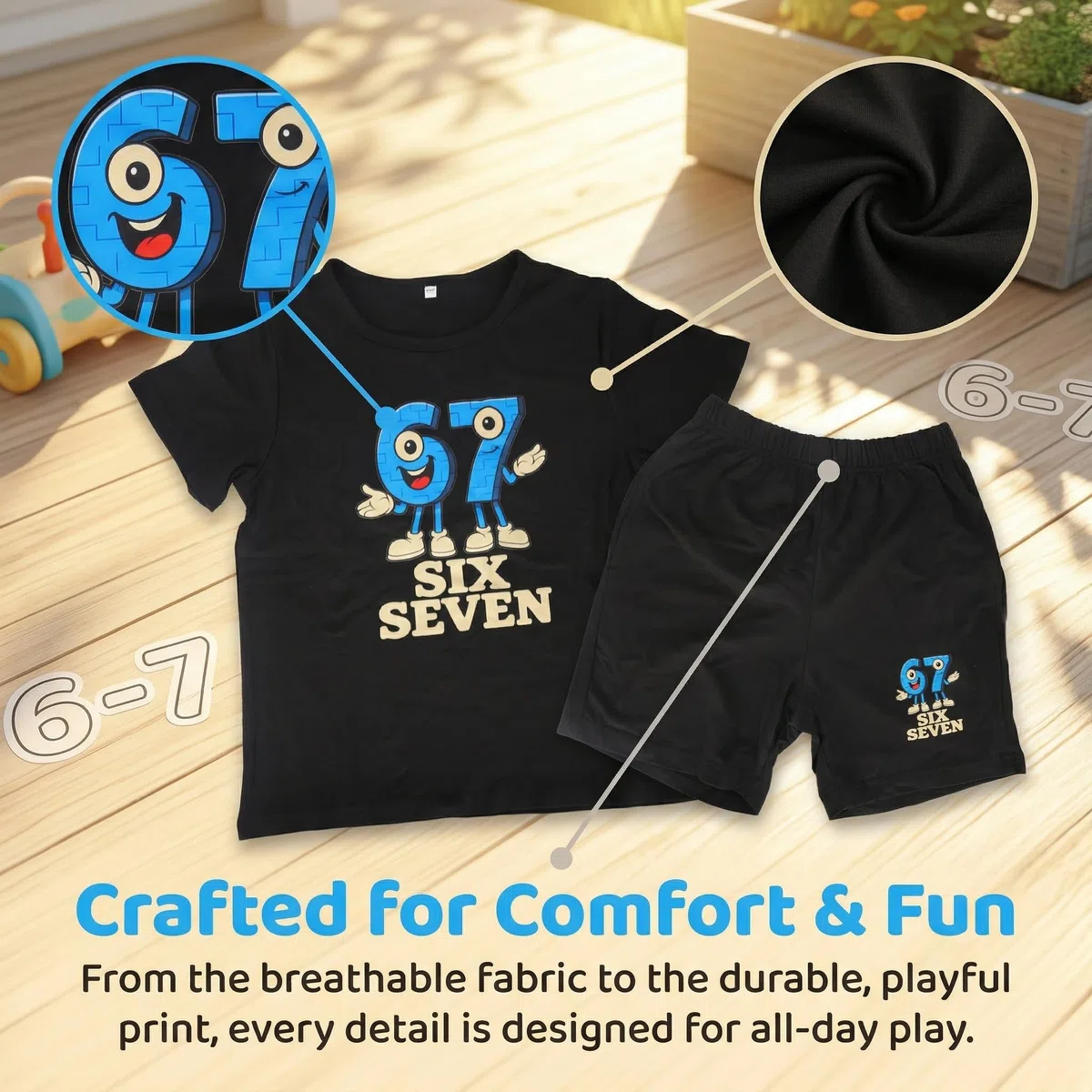 Set di 67 T-shirt per bambini Ragazzi Ragazze - Divertente Brain Red Six Seven Meme, Maglietta+Shorts, Comodo Set Estivo per Bambini