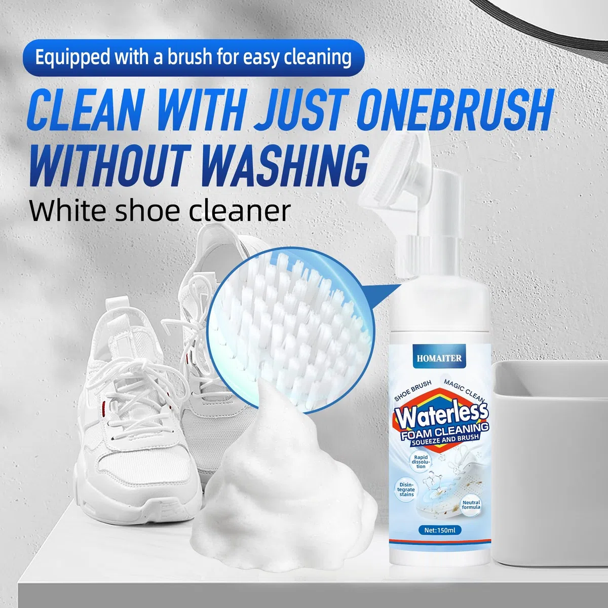 Kit di pulizia per scarpe da ginnastica in schiuma senza acqua, 150 ml, per pulire scarpe bianche, camoscio, stivali, tela, PU, tessuto, ecc. Kit di pulizia ecologico per scarpe da ginnastica