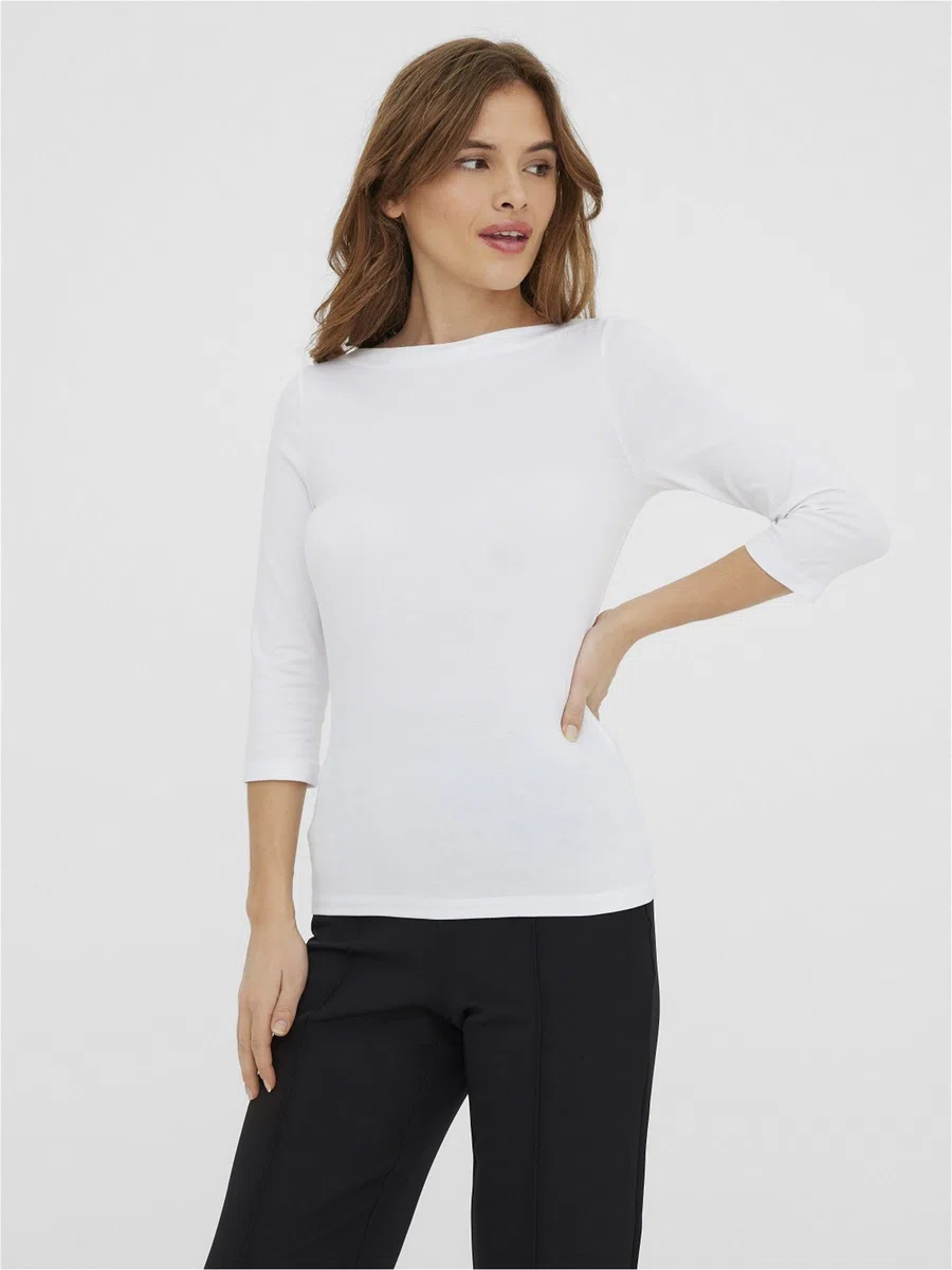 VERO MODA Donna Maglietta Elasticizzato a Manica 3/4, Scollo a Barca, Top Aderente, Manica Lunga.