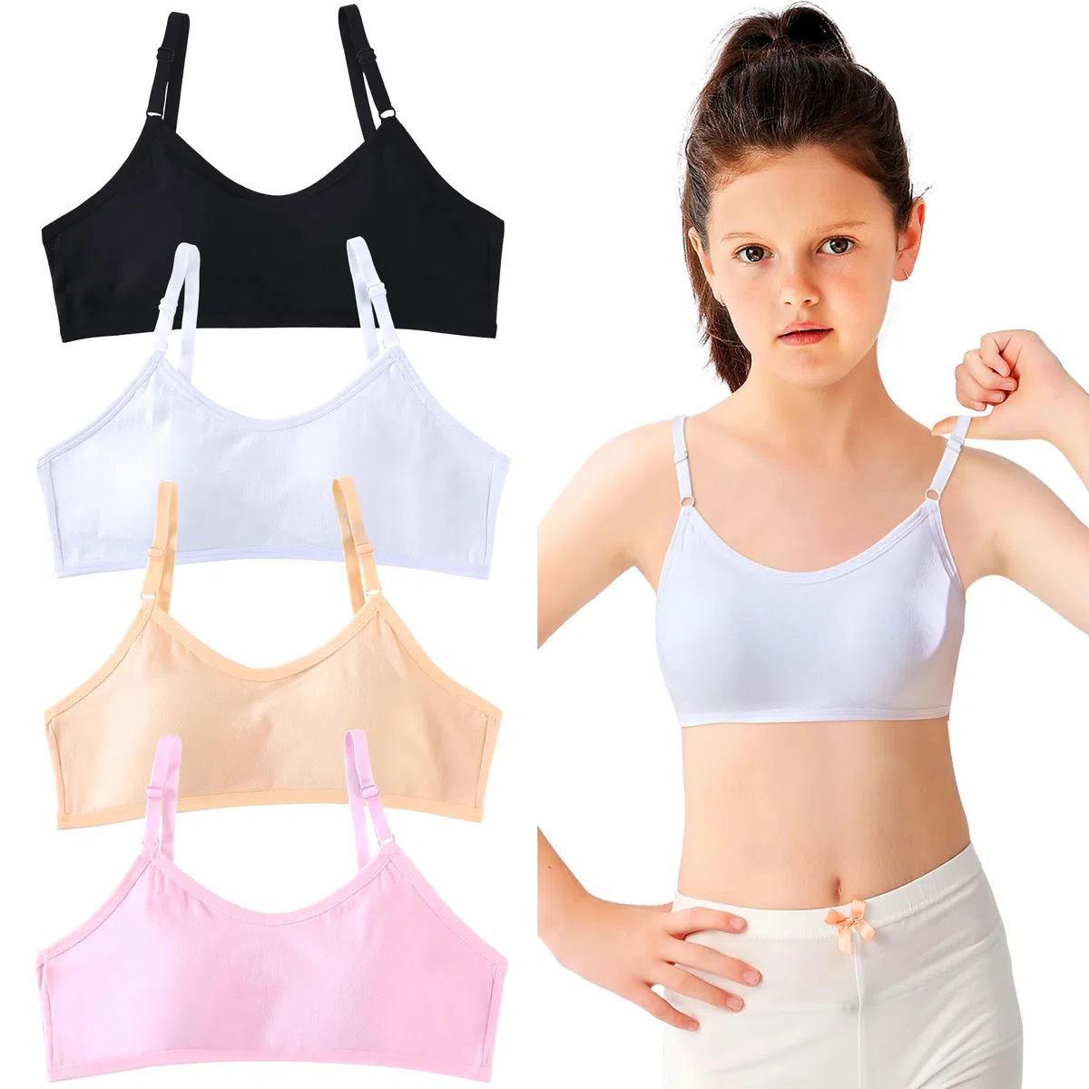 Reggiseno Ragazza Bambina Cotone Brassiere Confezione da 4 Top Intimo con Spalline Regolabili e Imbottiture Fisso Adolescenti Bustino Sportivo Basic Intima per Ragazze 10-16 Anni, Multicolore
