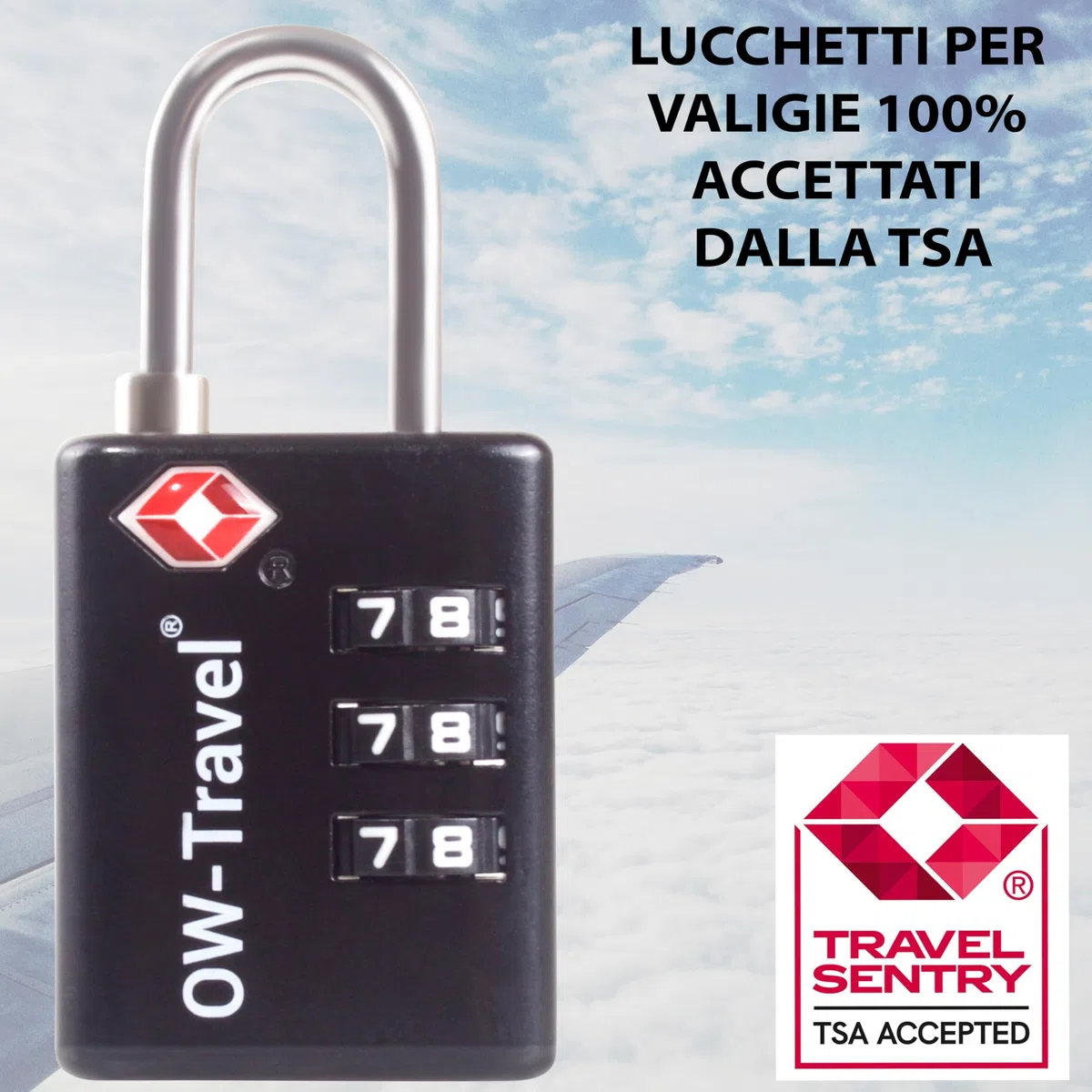 OW-Travel Lucchetto Combinazione Valigia con Indicatore di Apertura TSA per Valigie e Bagagli. Lucchetto Armadietto Palestra e Zaino. Lucchetti TSA per USA a Codice. Serratura Nera 4 Pezzi