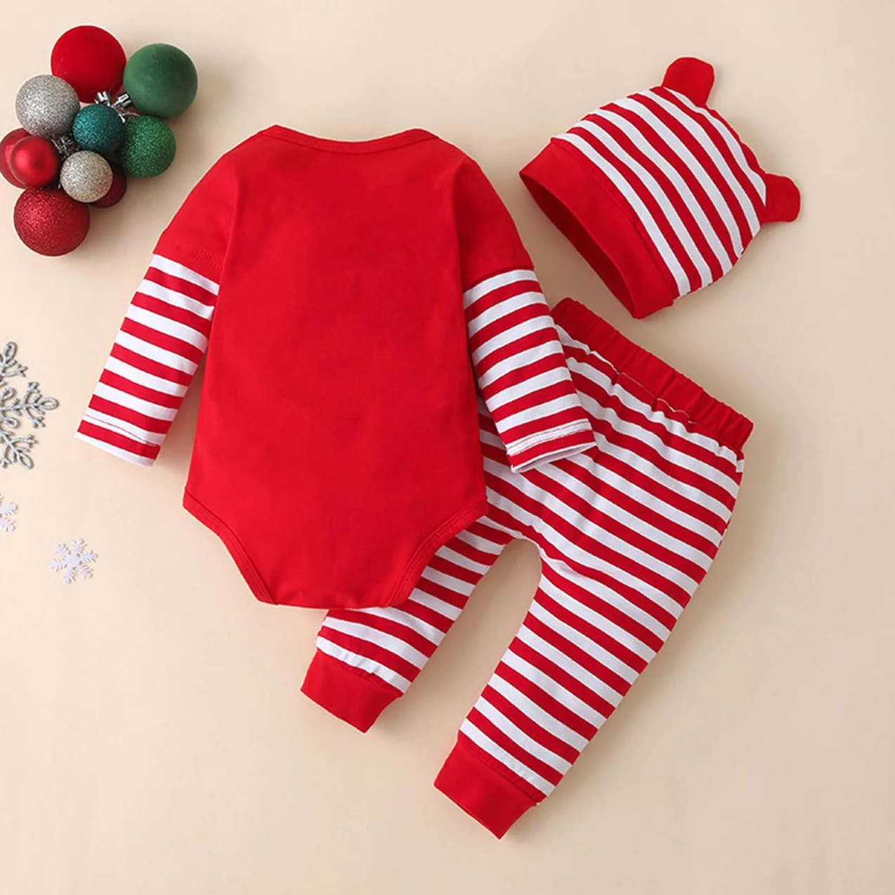 Completo per Neonate Set, Maniche Lunghe Volant Vestiti Bambina con My First Christmas, Pagliaccetto a Righe con di Babbo Natale Pantaloni e Cappello, Giorno di Natale per 0-24 Mesi, Rosso