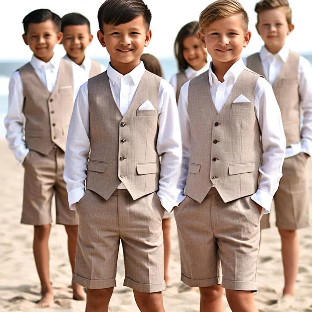 Set da smoking per bambini in lino, 2 pezzi, con gilet e pantaloni corti, per l'estate, spiaggia, matrimonio, per bambini