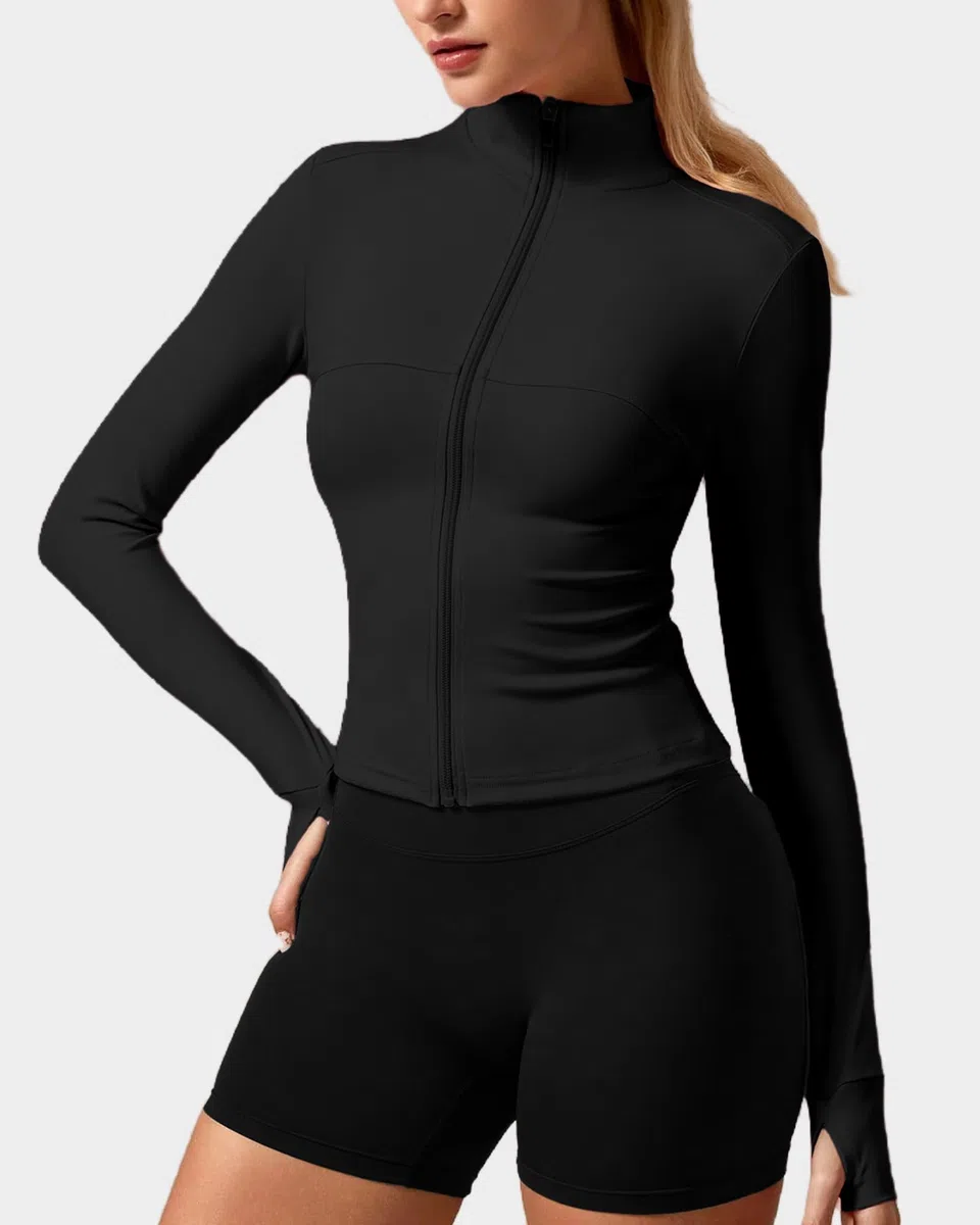 Giacca Sportiva Donna Maniche Lunghe Felpe Corsa Aderente Giacca da Invernale Leggera Giacca da Palestra Traspirante con Foro per il Pollice Giacche con Cerniere Top Fitness Jogging Running