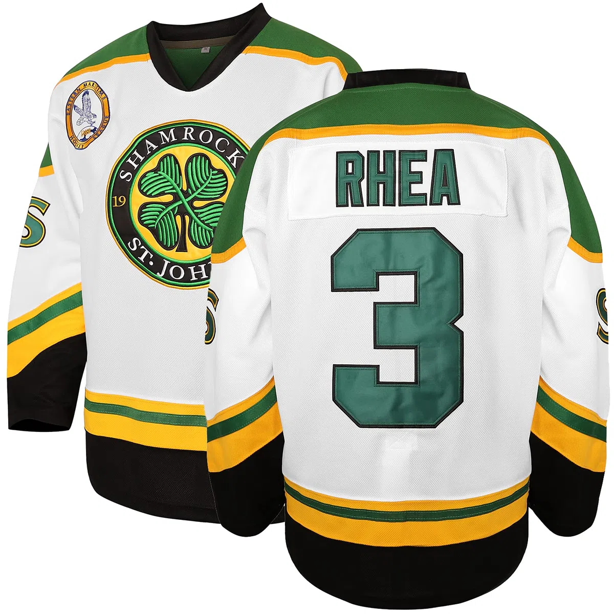 3 Ross The Boss Rhea ST John's Shamrocks - Maglia da hockey con toppa EMHL, colore: Bianco/Verde