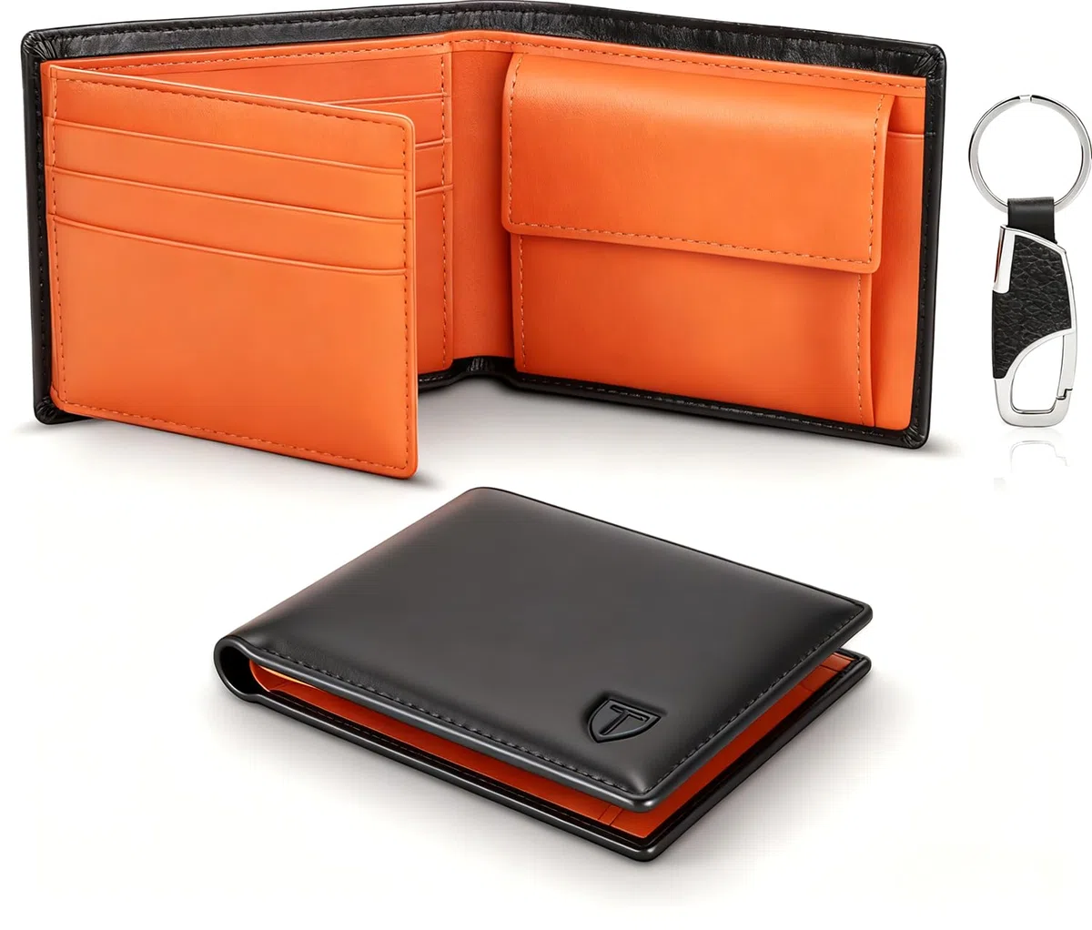 TEEHON® Portafoglio Uomo Slim Vera Pelle Blocco RFID, con Tasca Portamonete,2 Scomparti Banconote,10 Porta Carte di Credito, Portachiavi. Portafogli Piccolo Sottile-nero e arancione