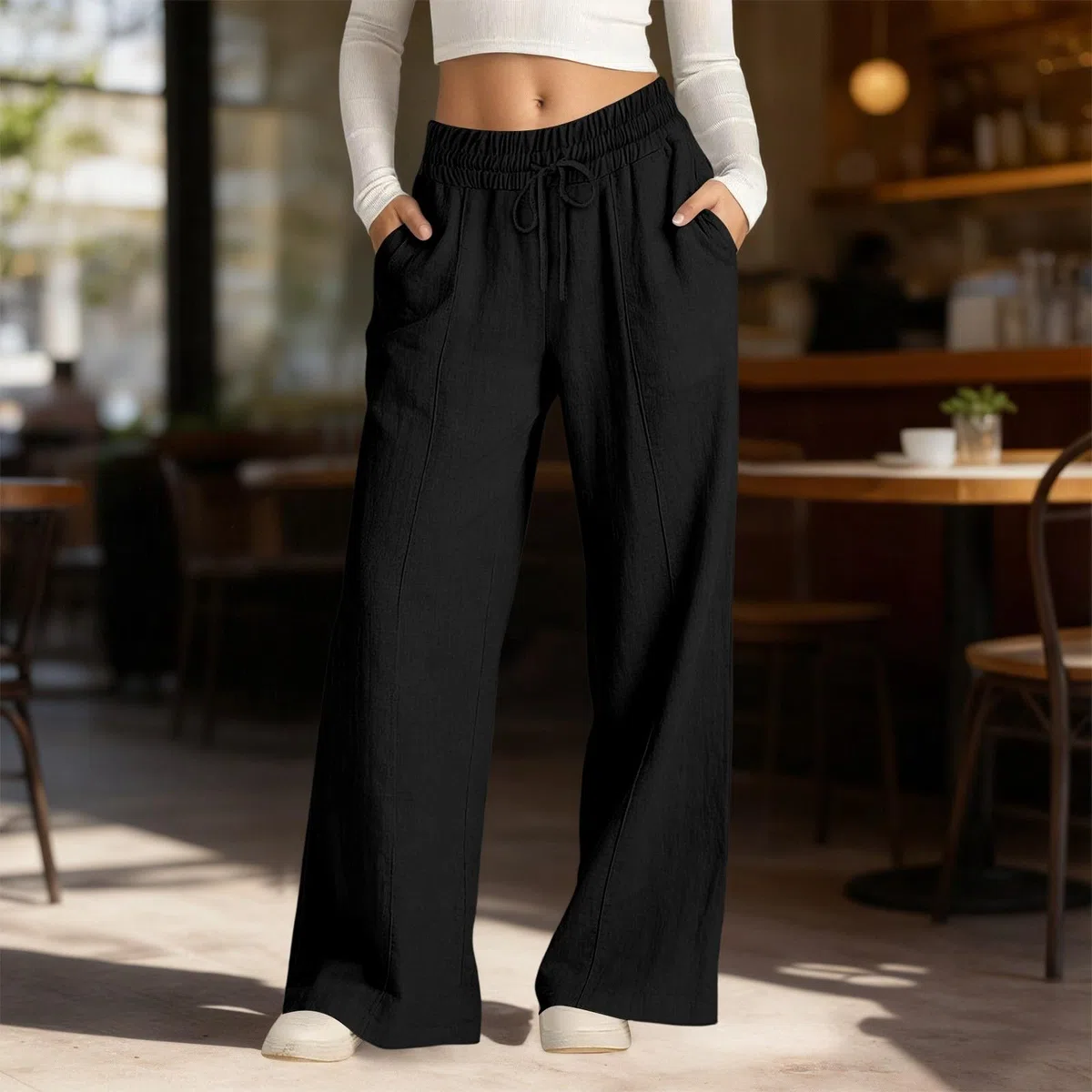 Generico Pantaloni Donna Estivi Lino Casual Leggeri Elastico in Vita Eleganti Baggy Linen Pants Pantalone da Spiaggia Lavoro Vita Alta Pantalone con Coulisse Gamba Larga S-XXL