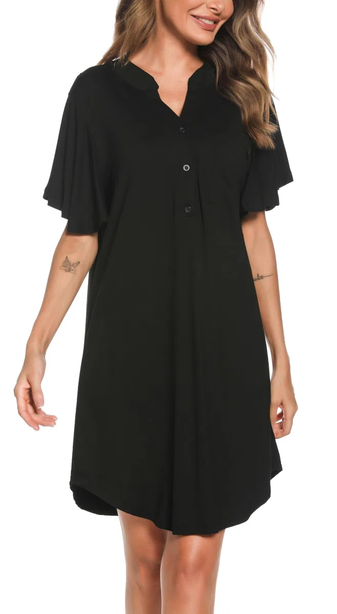 Wikoan Camicia da Notte Donna,Corto Vestito da Notte a Manica con Bottoni,Notte Donna con Tasche S-XXL