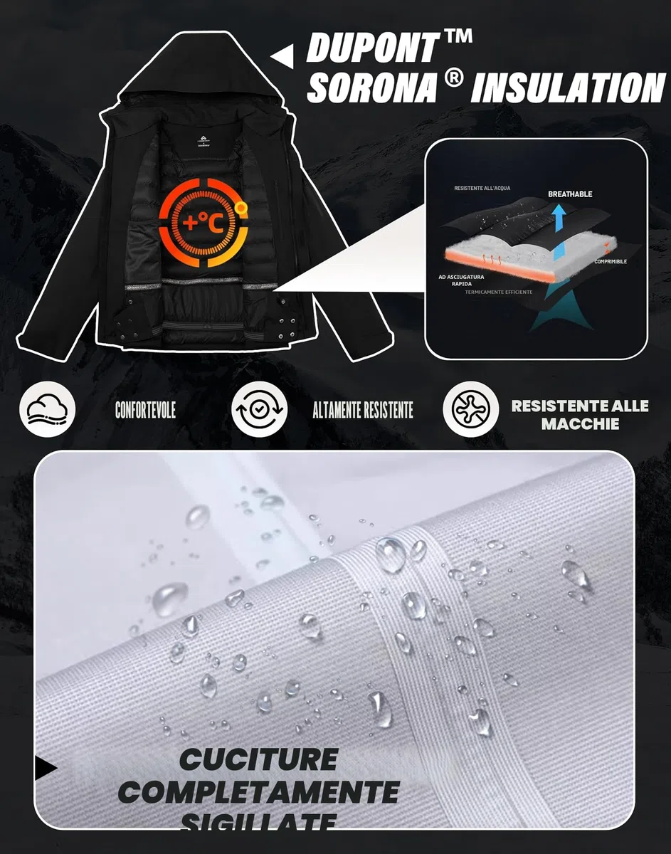 Giacca da sci da uomo, impermeabile, calda, traspirante, da snowboard, con cappuccio