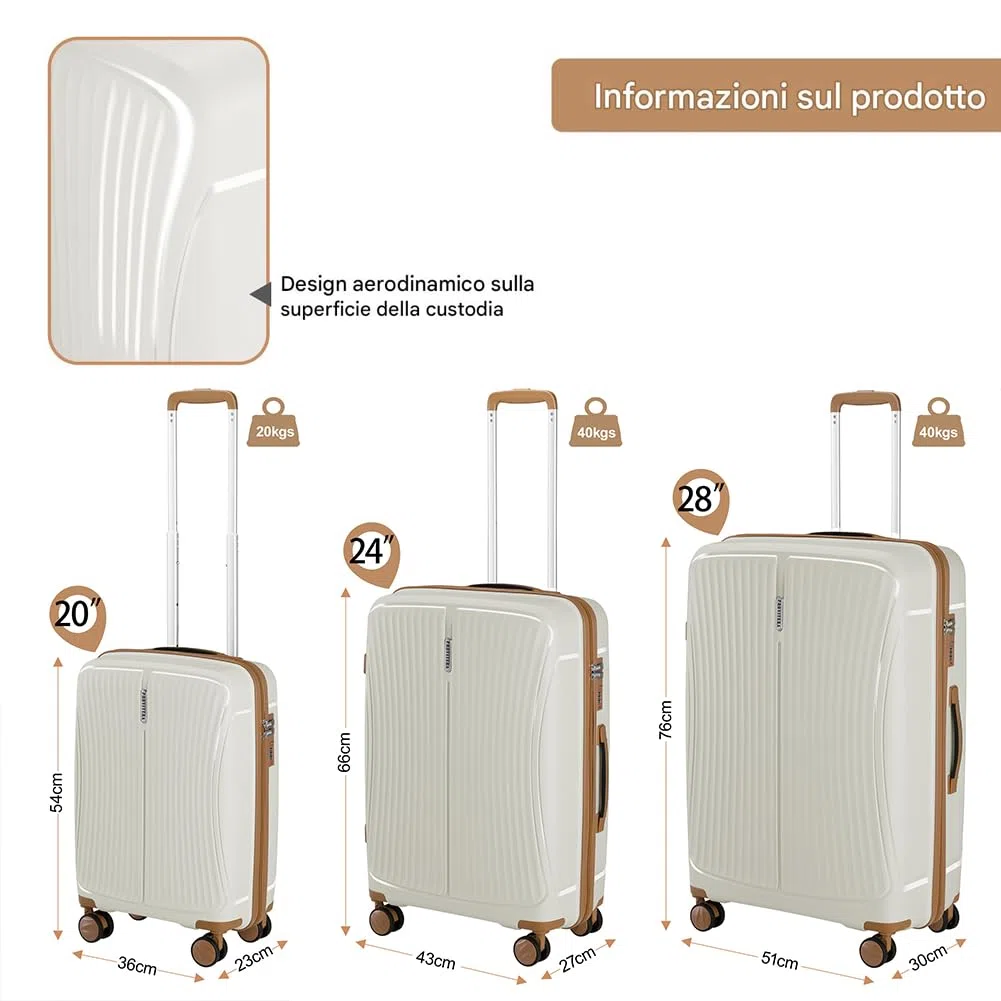 Set 3 Valigie Rigide in ABS, Valigia Rigida 38-59 - 90 Litri, Manico Telescopico, Ruote Easy Roll, Trolley Resistente e Leggero da Viaggio, Bagaglio a Mano (Bianco Perla)
