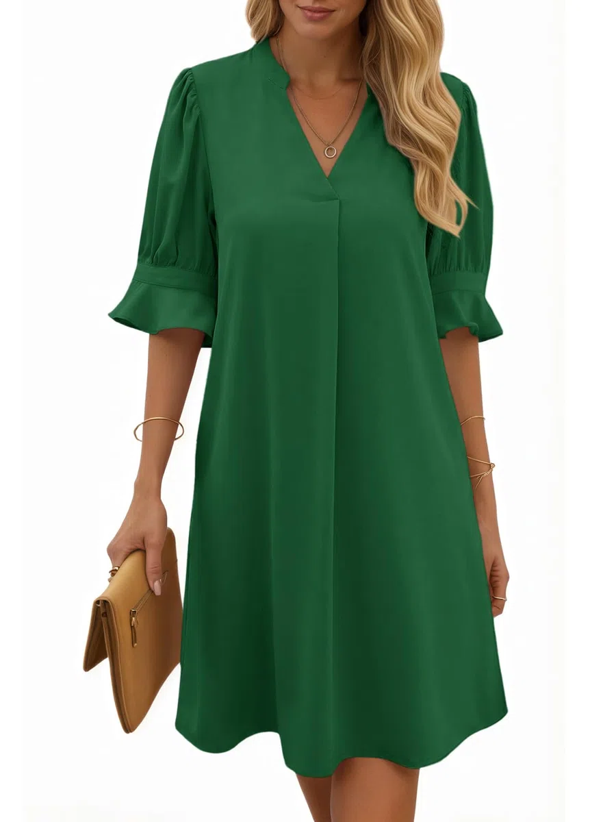 Cicy Bell Abito estivo da donna, elegante, a mezza manica, con scollo a V, per il tempo libero, tinta unita, casual, a linee A, abito corto