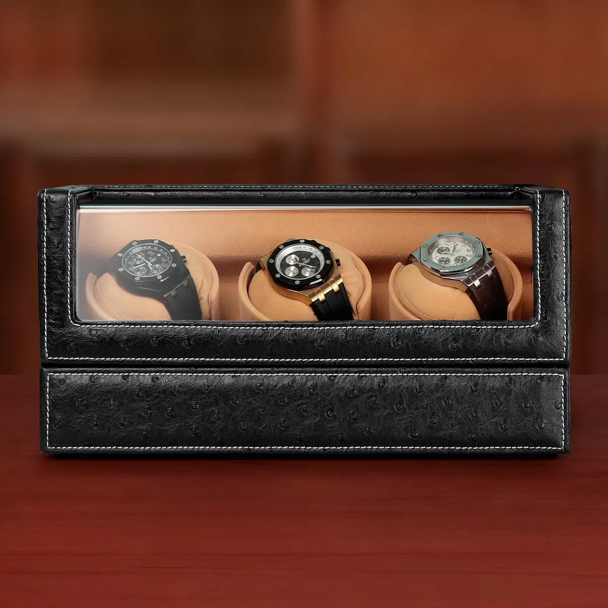 Caricatore automatico per orologi Rolex e altri orologi di lusso, carica automatica con motore silenzioso, esterno in pelle di struzzo nera di alta qualità e morbidi cuscini flessibili in