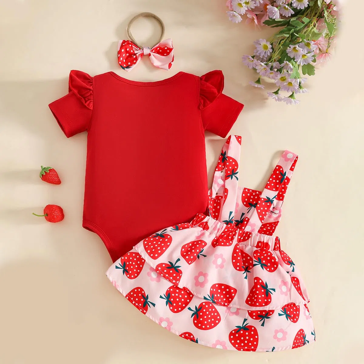 Neonata Bambina Gonne Set Estivo Manica Corta con Stampa a Cuore Top + Regolabile Bretelle Abito + Fascia per Capelli Abiti 3Pcs Completo