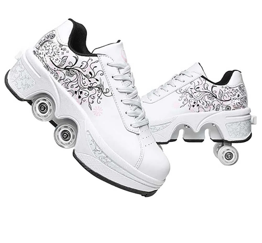 Scarpe da ginnastica con ruote, per bambini, skateboard, scarpe da ginnastica multiuso 2 in 1 pattini, scarpe da ginnastica Quad Rued Sneakers alla moda, regalo di compleanno per bambini e ragazze