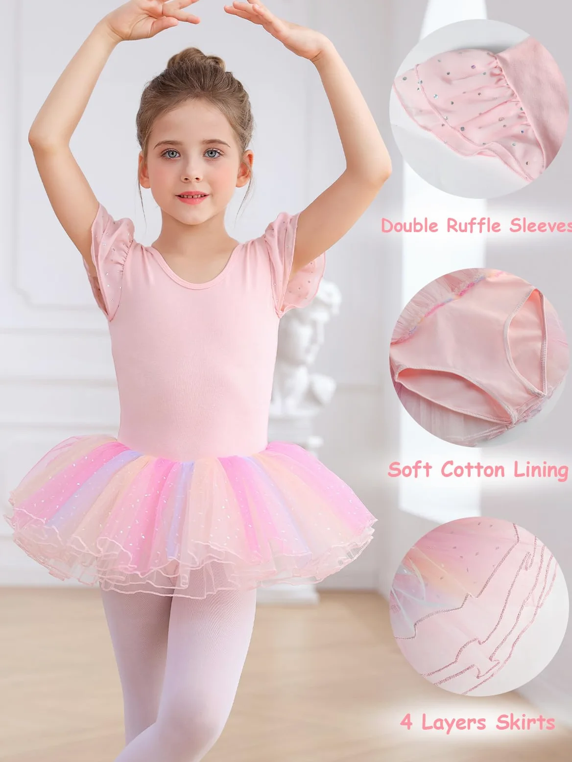 Abbigliamento da balletto da bambina, con paillette, tutù, a maniche corte, in cotone, con gonna colorata