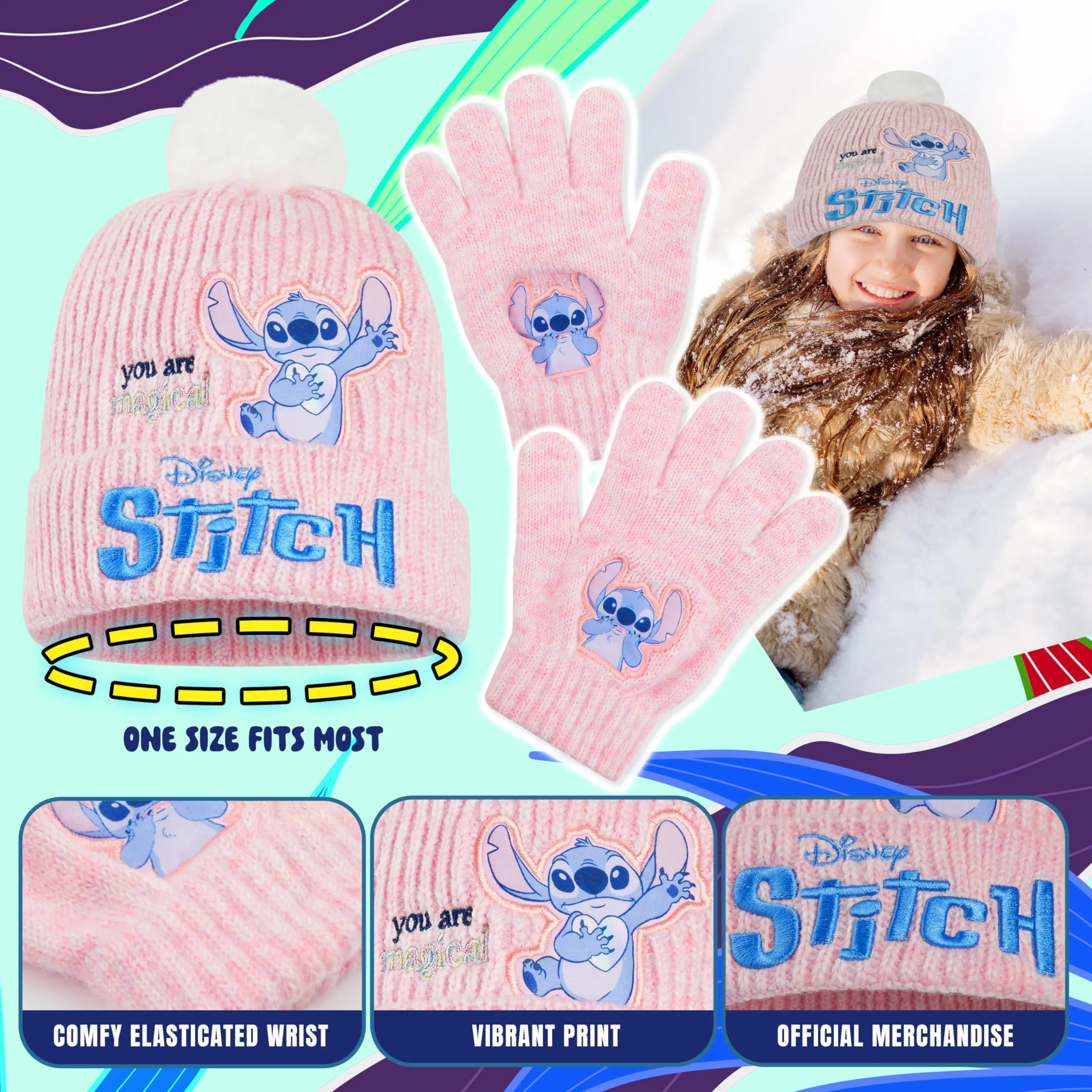 Disney Stitch Accessori Invernali Bambina Adolescenti, 2 Pz Set Guanti e Cappello per Scuola Viaggiare - Regalo Bambino