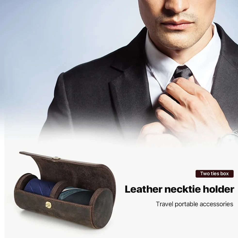 Cravatta Organizzatore Holder in Vera Pelle Fatto Portatile per 2 Cravatte, Caso di Conservazione Rotolo per Uomo