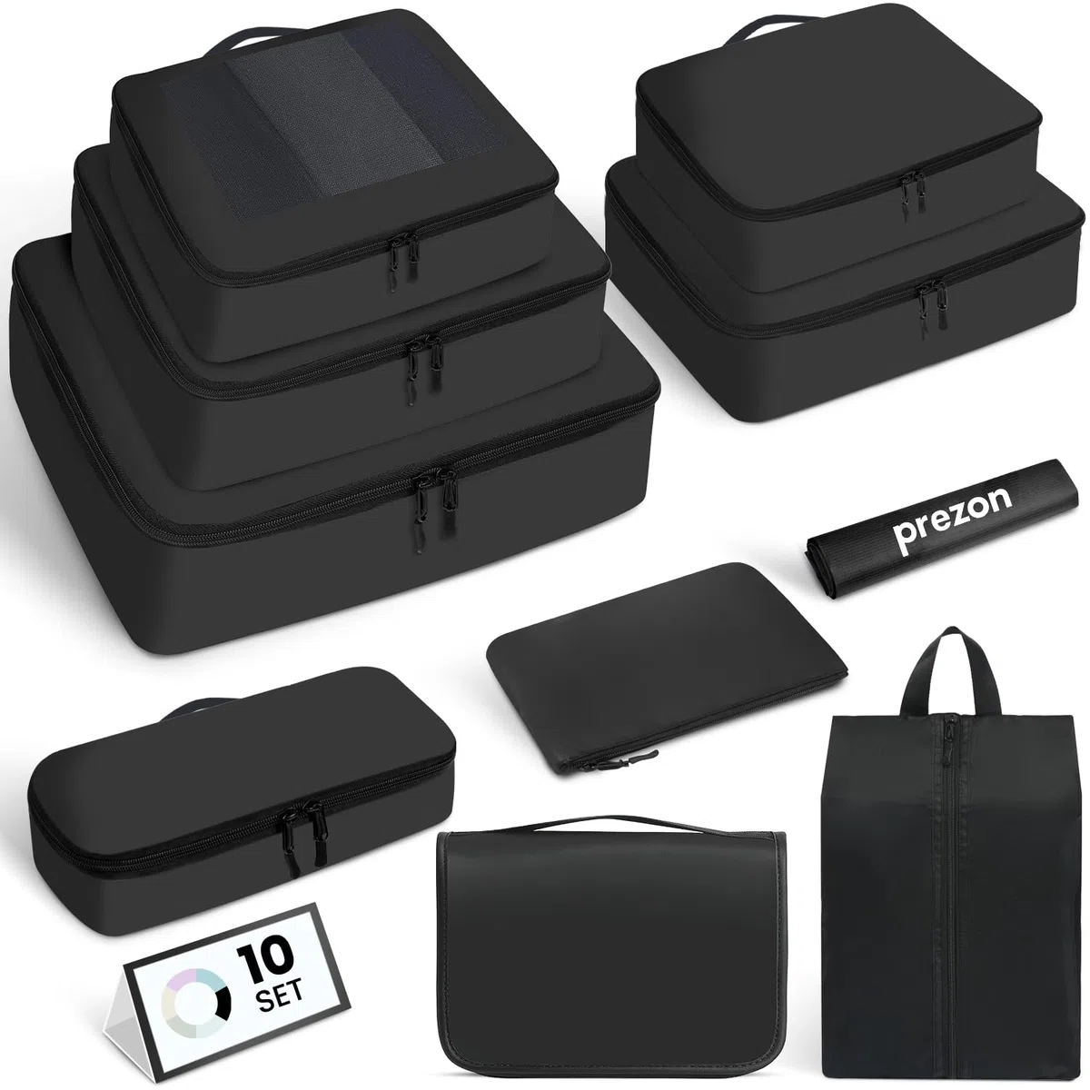 Cubi da viaggio per valigia, set da 10, organizer leggeri per bagagli Cubi da viaggio per accessori da viaggio - Nero