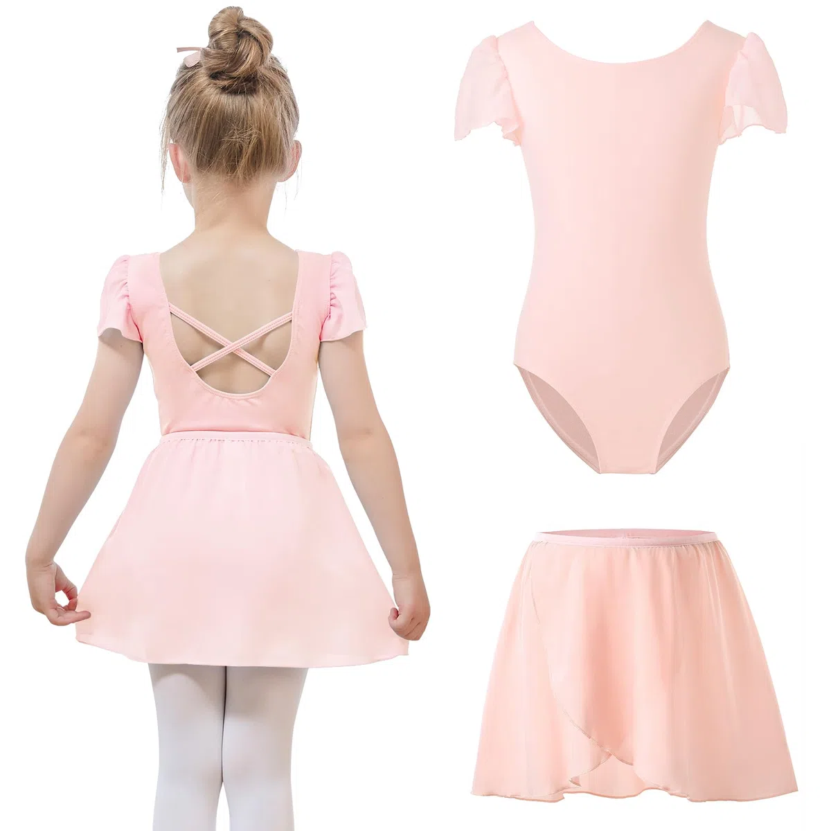 Bezioner Body Danza Classica Bambina con Gonna Rimovibile Vestito da Balletto Gonnellino Danza Manica a Sbuffo