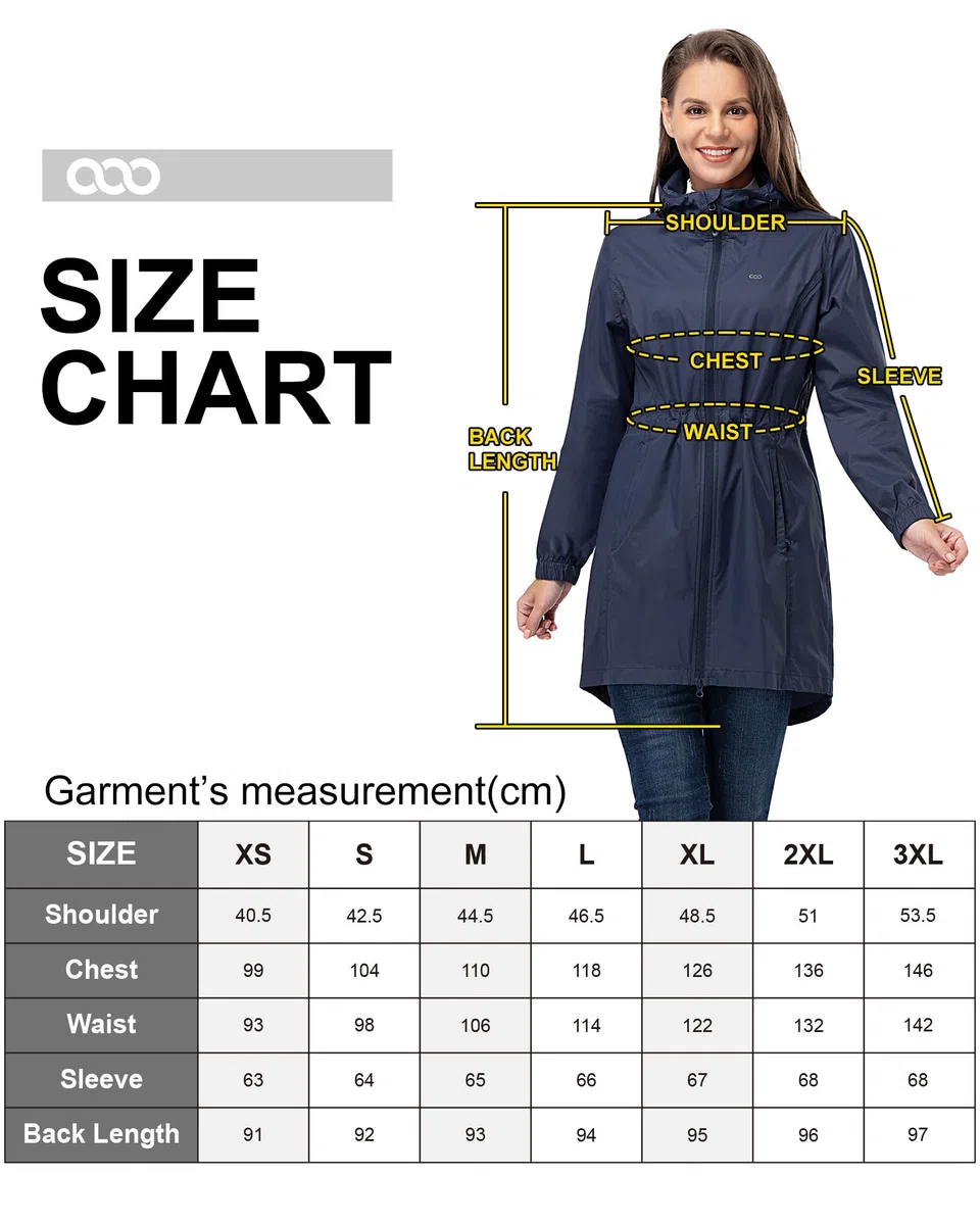 33,000ft Women's Rain Jacket Lightweight Hooded Long Rain Coat Waterproof Jacket Ladies Packable Functional Jacket Windbreaker Breathable Active Outdoor Coats