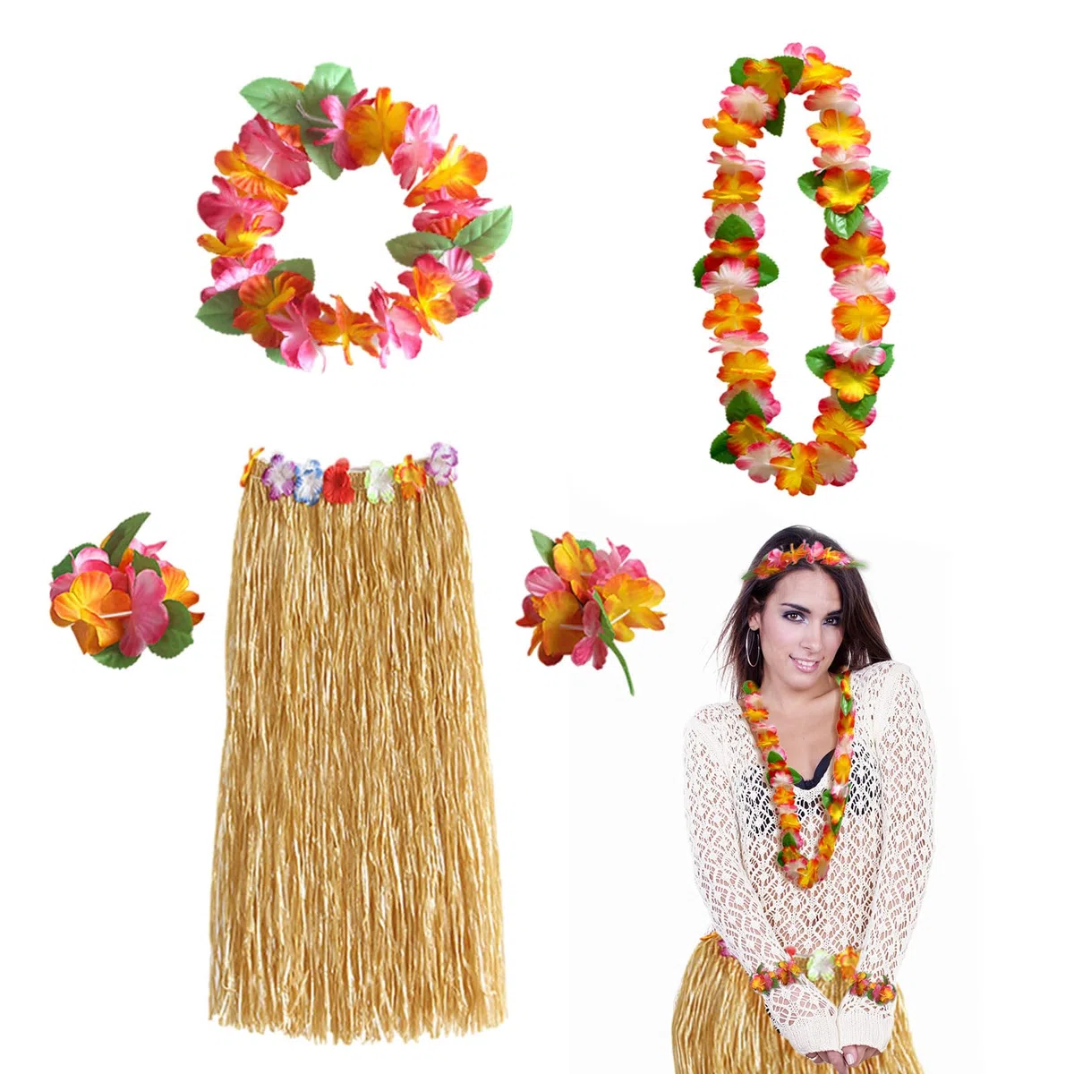 FUIPVGI Set di costume hawaiano con gonna hula hawaiana, per adulti, per feste in maschera, Leis Hawaii, costume tropicale Luau
