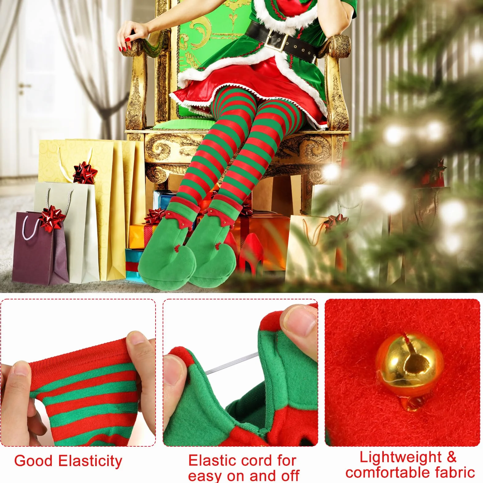 Costume Elfo Donna Uomo,Grembiule Natale Elfo Grembiule Cerchietto Elfo Calze Scarpe Elfo Costume Natale Accessori Elfo Cosplay Festa di Natale per Adult