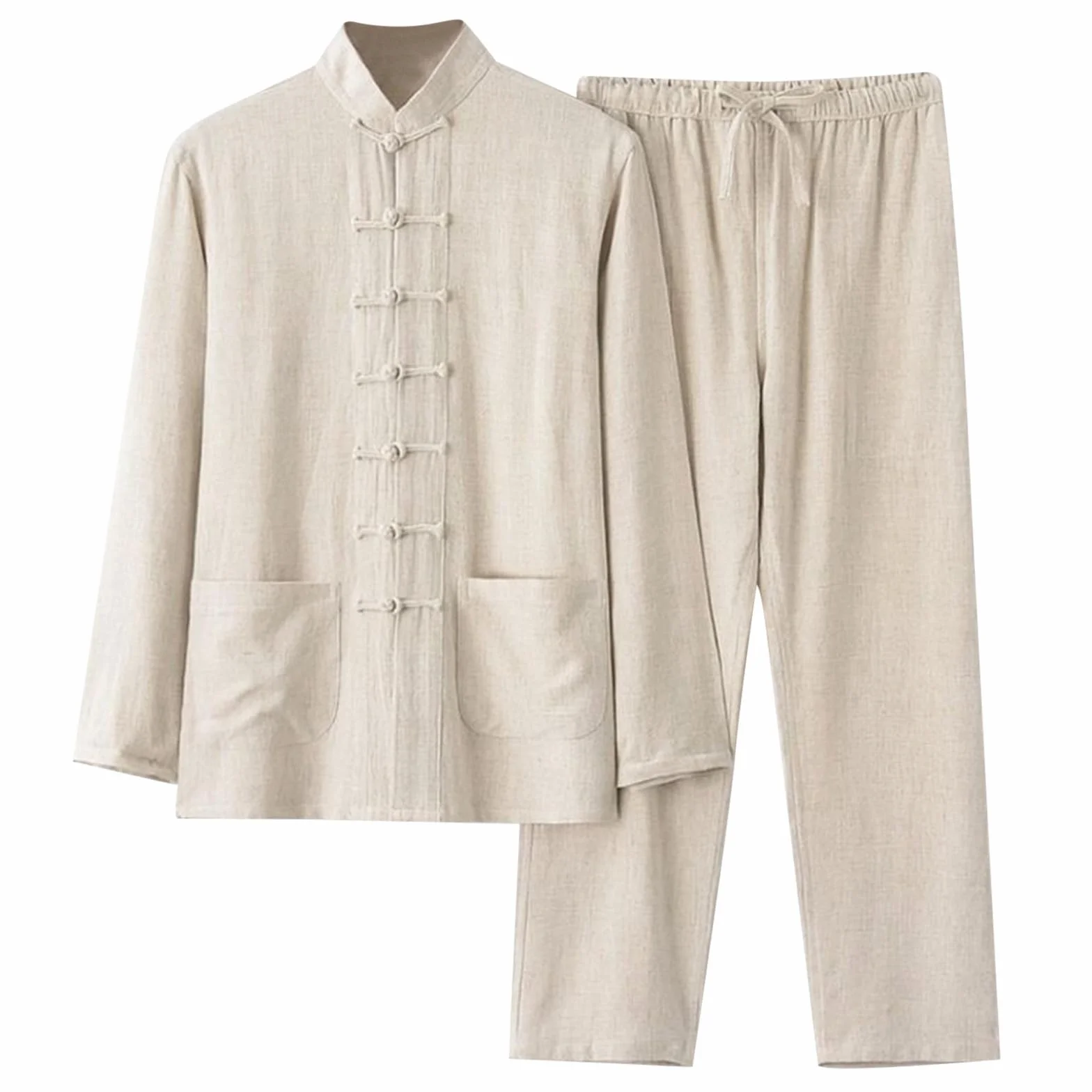 Completo Uomo Stile Cinese Tang Suit Tuta TaiChi in Cotone e Lino, Camicia Maniche Lunghe con Colletto alla Coreana e Pantaloni Larghi, Abbigliamento per KungFuMeditazione Yoga Casual